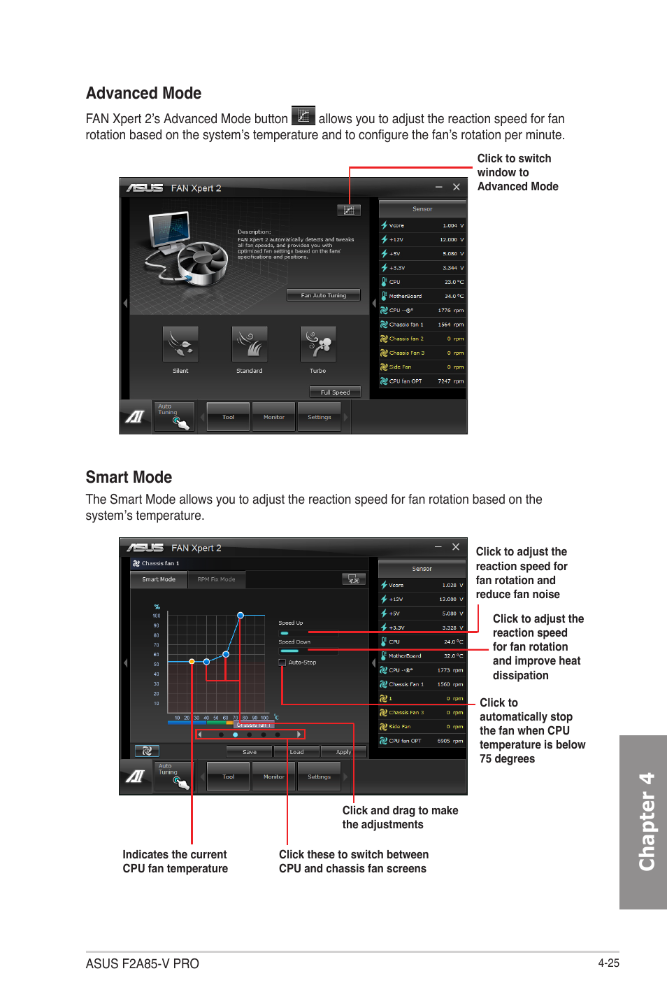 Chapter 4, Advanced mode, Smart mode | Asus F2A85-V PRO User Manual | Page 129 / 172