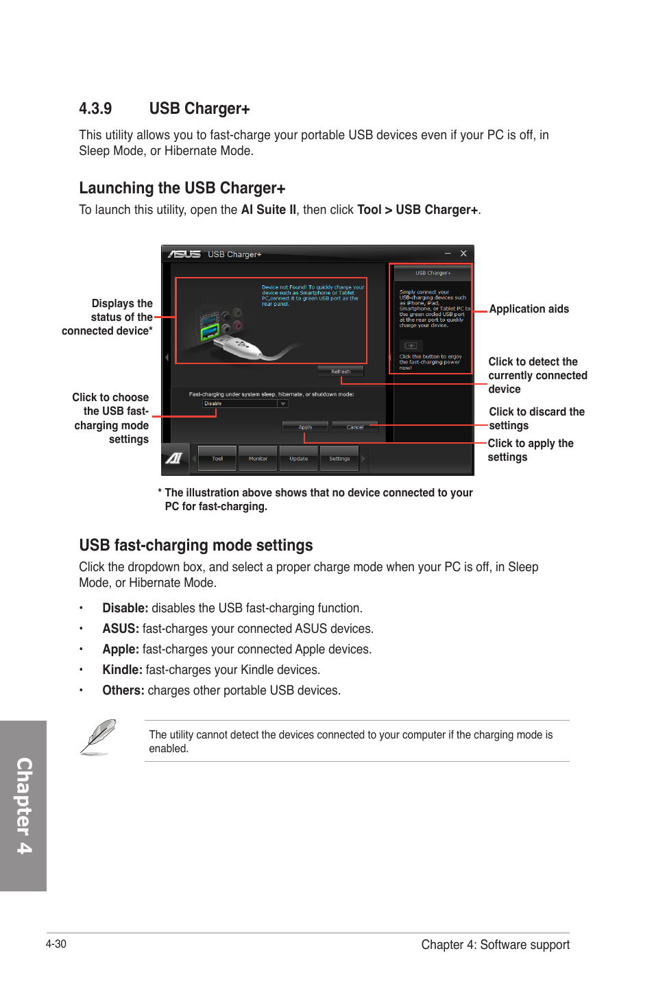 9 usb charger, Usb charger+ -30, Chapter 4 | Launching the usb charger, Usb fast-charging mode settings | Asus F2A85-V PRO User Manual | Page 134 / 172