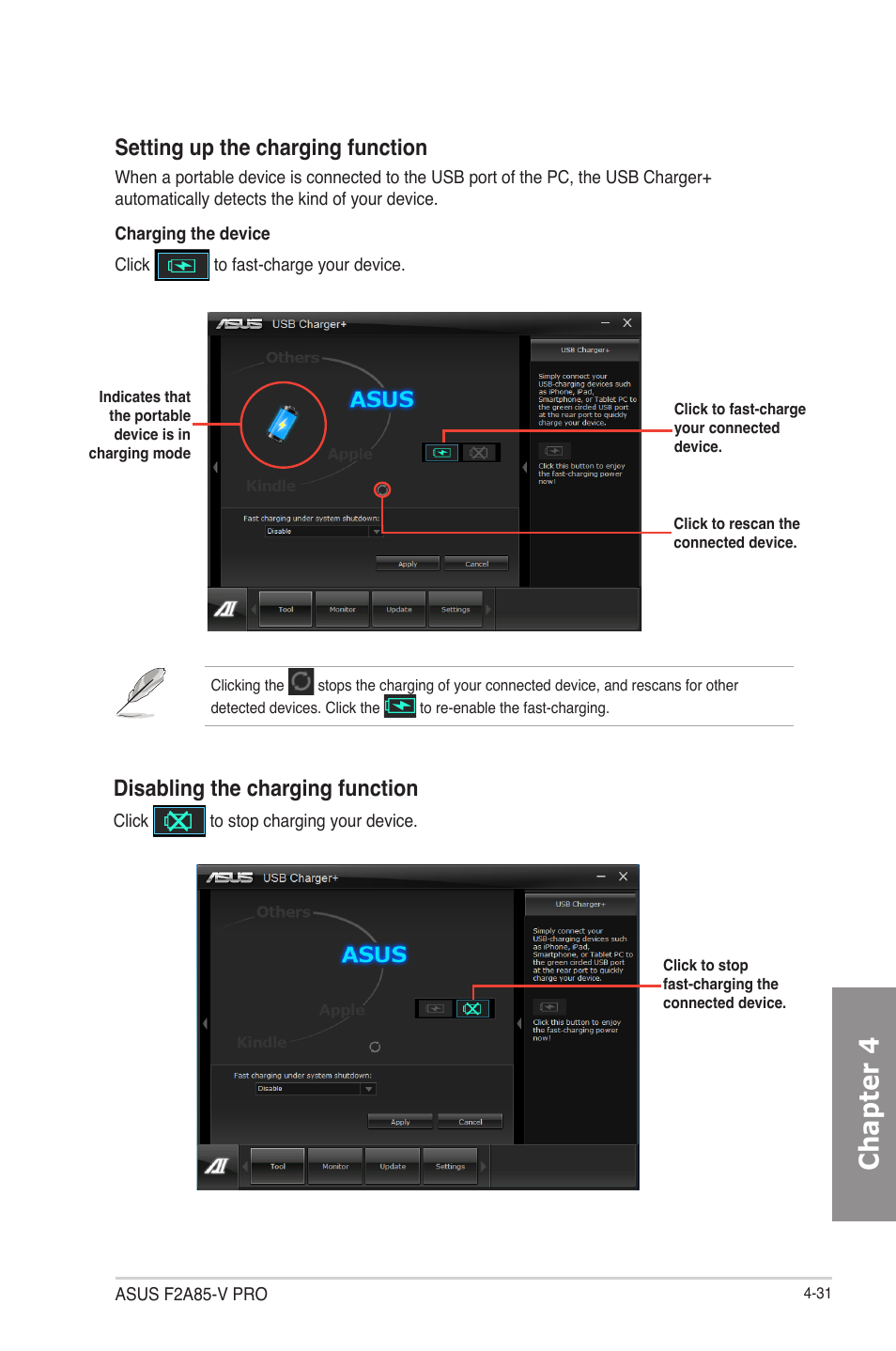 Chapter 4, Setting up the charging function, Disabling the charging function | Asus F2A85-V PRO User Manual | Page 135 / 172