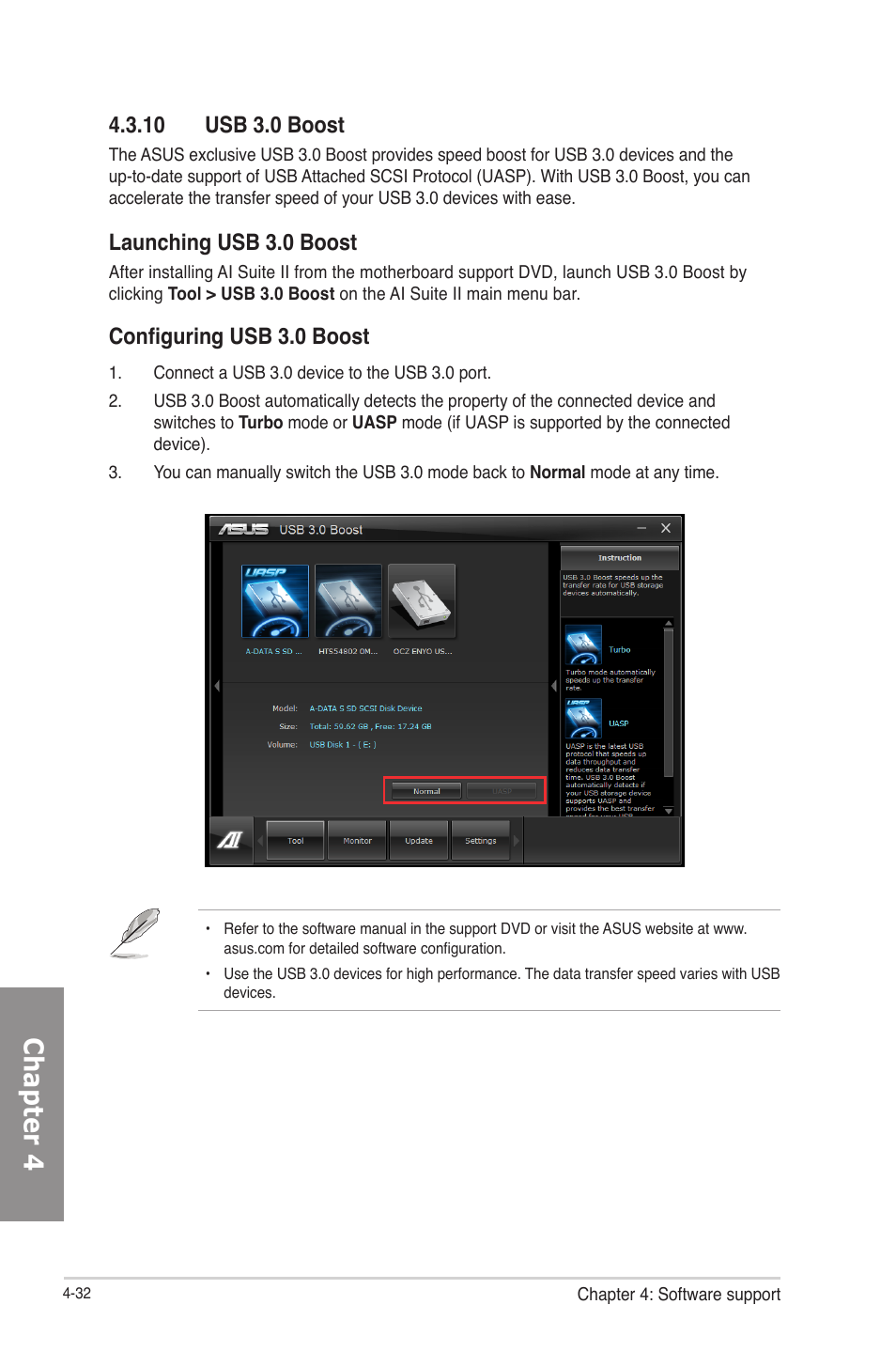 10 usb 3.0 boost, 10 usb 3.0 boost -32, Chapter 4 | Launching usb 3.0 boost, Configuring usb 3.0 boost | Asus F2A85-V PRO User Manual | Page 136 / 172