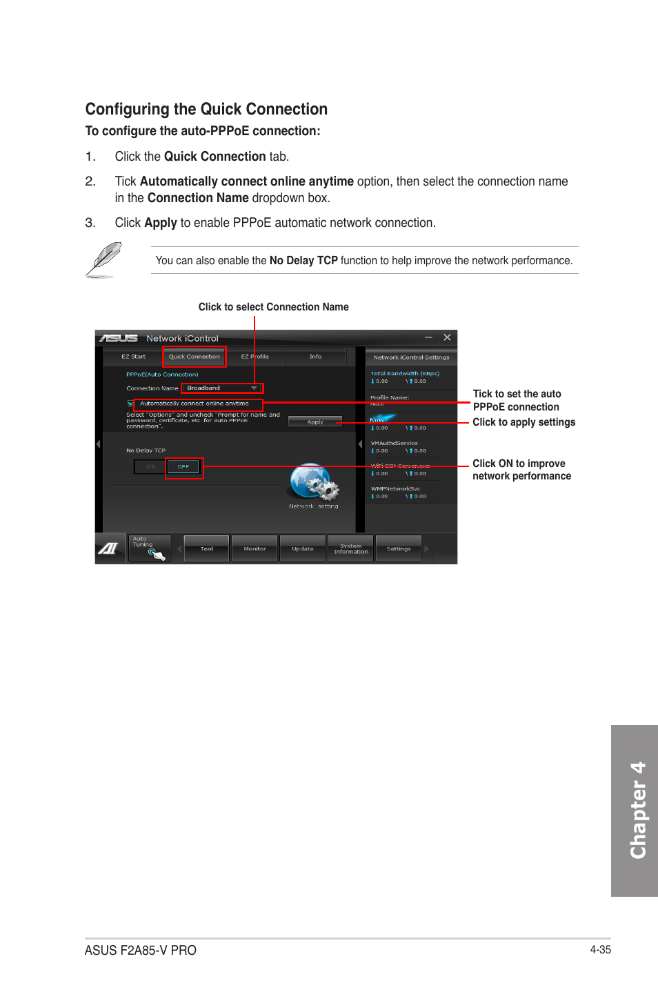 Chapter 4, Configuring the quick connection | Asus F2A85-V PRO User Manual | Page 139 / 172