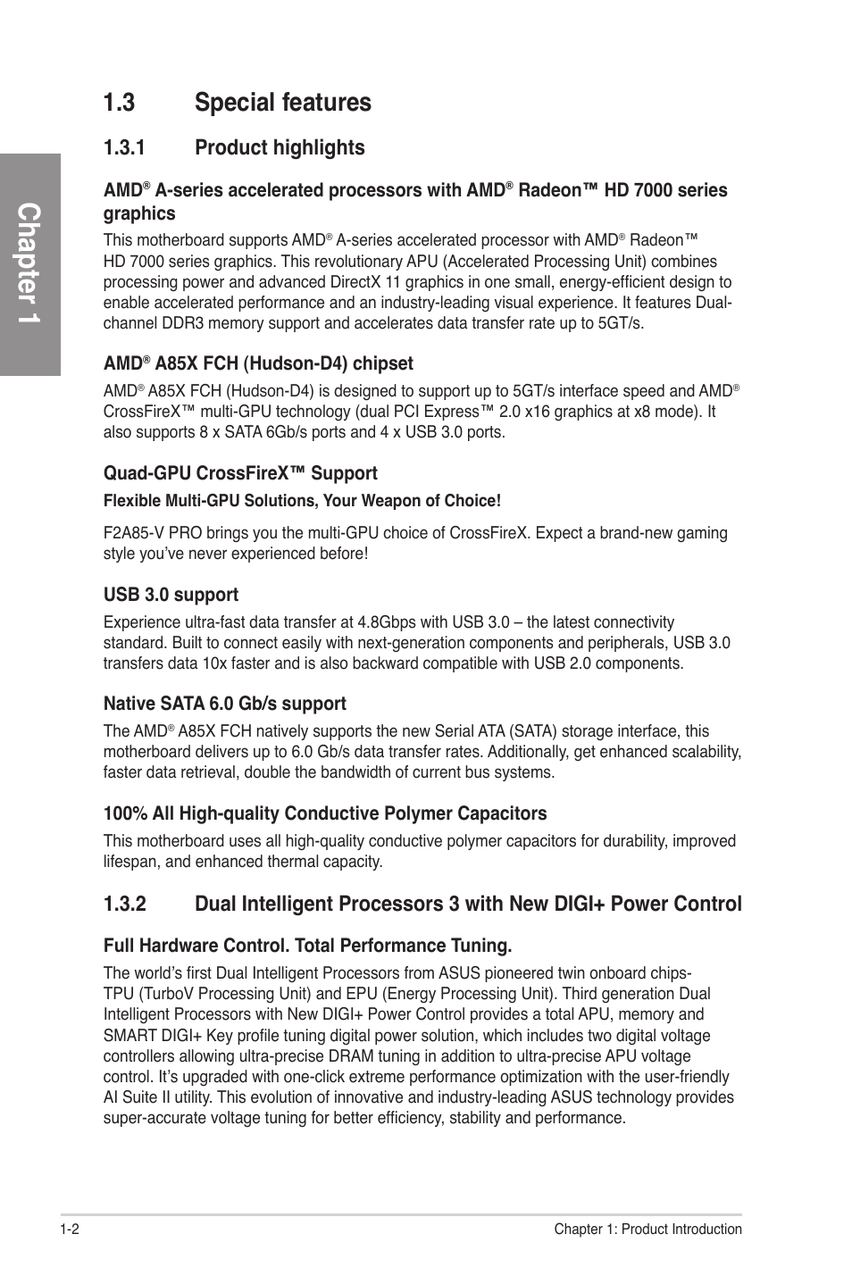 3 special features, 1 product highlights, Special features -2 1.3.1 | Product highlights -2, Dual intelligent processors 3 with new digi+ power, Control -2, Chapter 1 | Asus F2A85-V PRO User Manual | Page 14 / 172