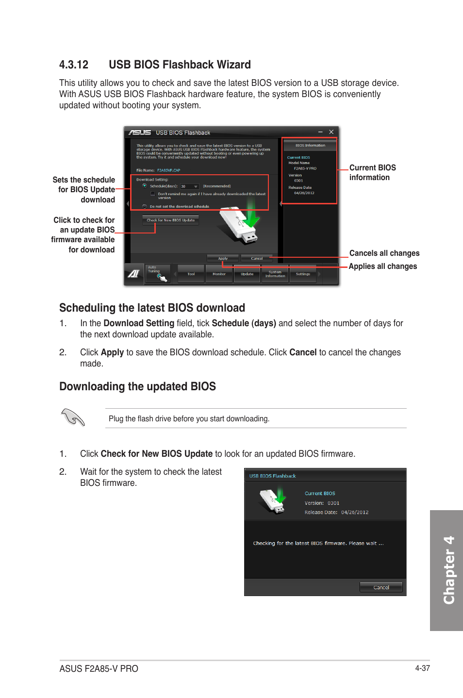 12 usb bios flashback wizard, 12 usb bios flashback wizard -37, Chapter 4 | Scheduling the latest bios download, Downloading the updated bios | Asus F2A85-V PRO User Manual | Page 141 / 172