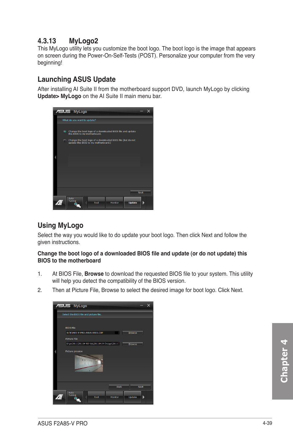 13 mylogo2, 13 mylogo2 -39, Chapter 4 | Launching asus update, Using mylogo | Asus F2A85-V PRO User Manual | Page 143 / 172