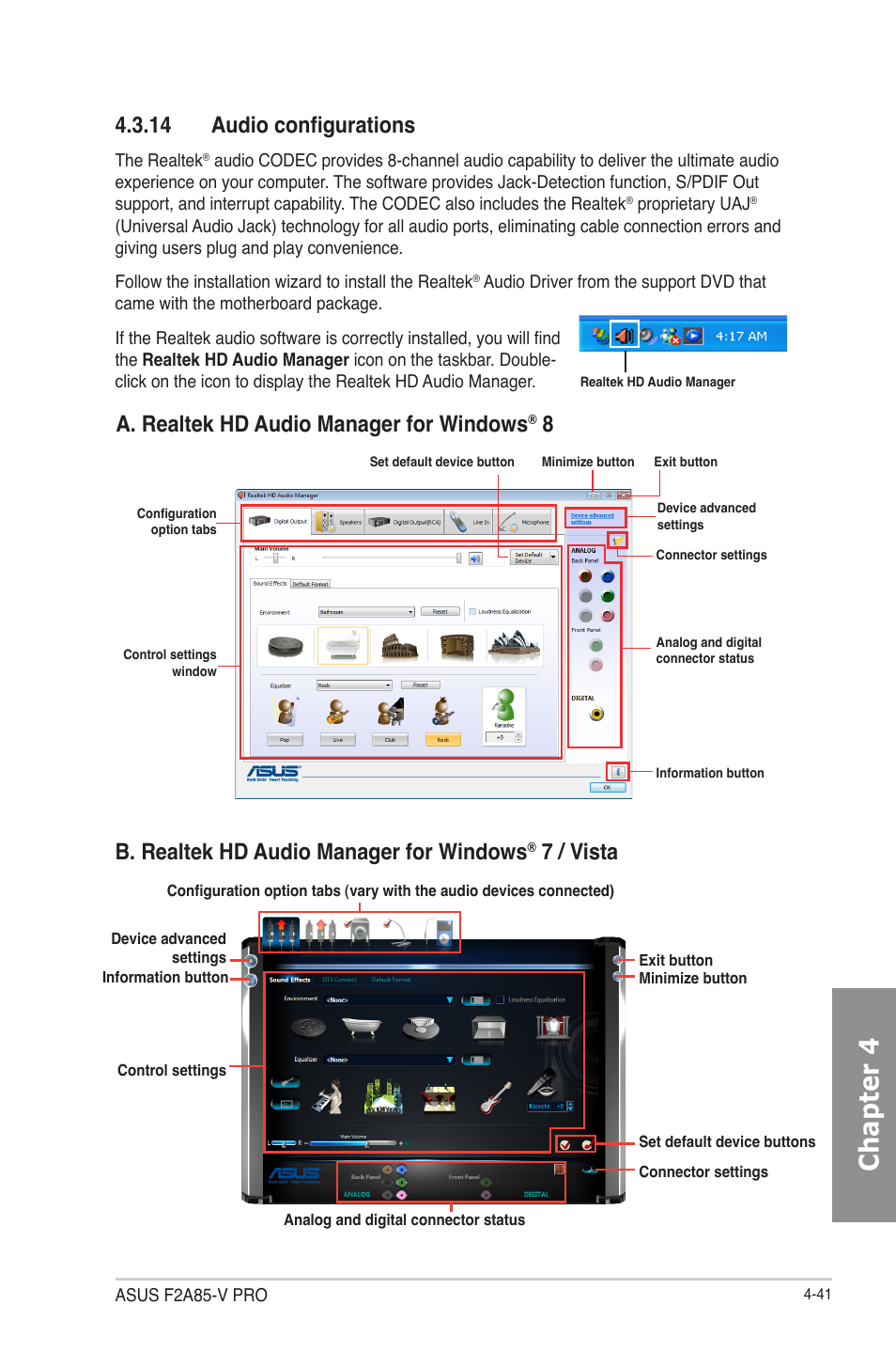 14 audio configurations, 14 audio configurations -41, Chapter 4 | B. realtek hd audio manager for windows, 7 / vista, A. realtek hd audio manager for windows | Asus F2A85-V PRO User Manual | Page 145 / 172