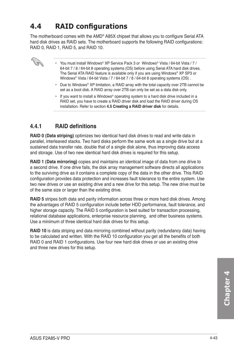 4 raid configurations, 1 raid definitions, Raid configurations -43 4.4.1 | Raid definitions -43, Chapter 4 4.4 raid configurations | Asus F2A85-V PRO User Manual | Page 147 / 172