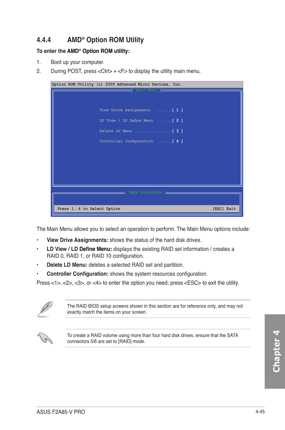 4 amd® option rom utility, Option rom utility -45, Chapter 4 | 4 amd, Option rom utility | Asus F2A85-V PRO User Manual | Page 149 / 172