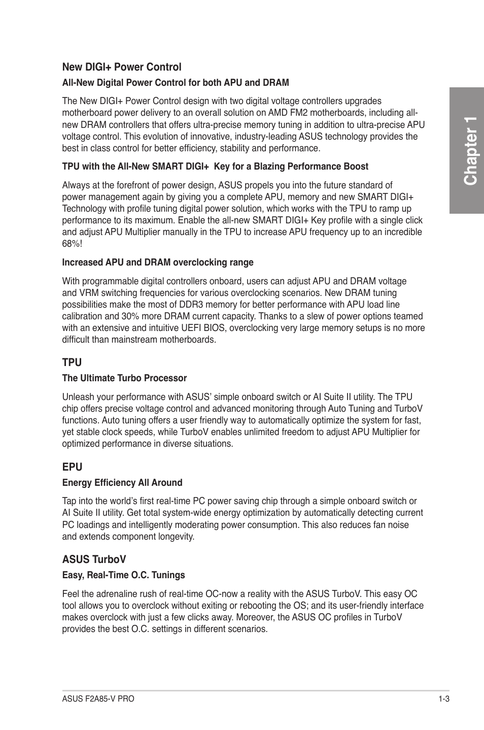 Chapter 1 | Asus F2A85-V PRO User Manual | Page 15 / 172