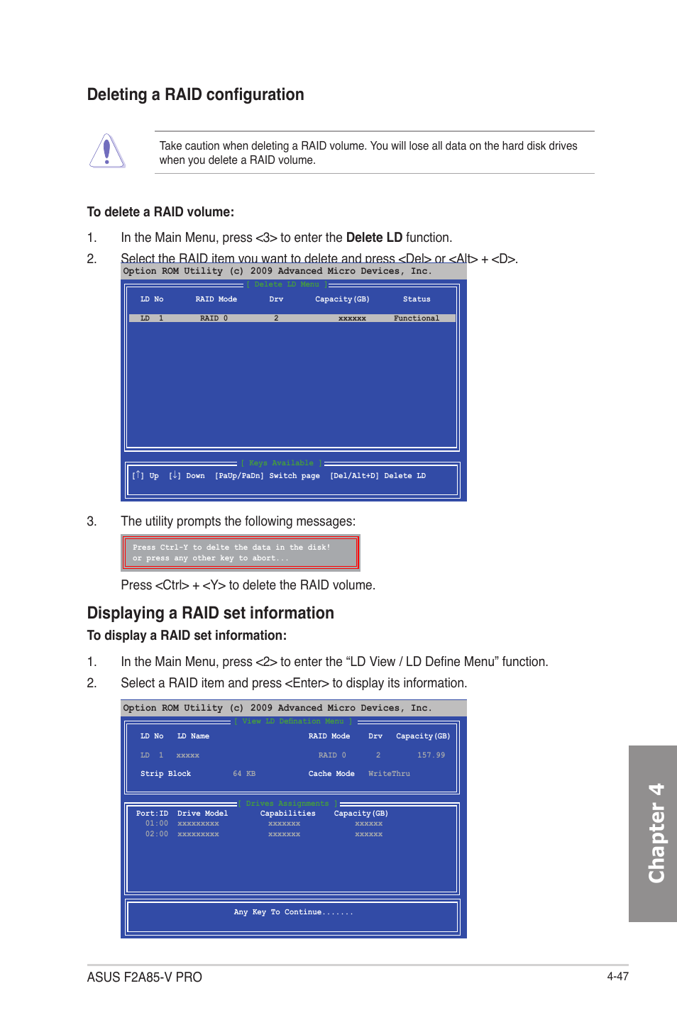 Chapter 4, Deleting a raid configuration, Displaying a raid set information | Asus f2a85-v pro | Asus F2A85-V PRO User Manual | Page 151 / 172