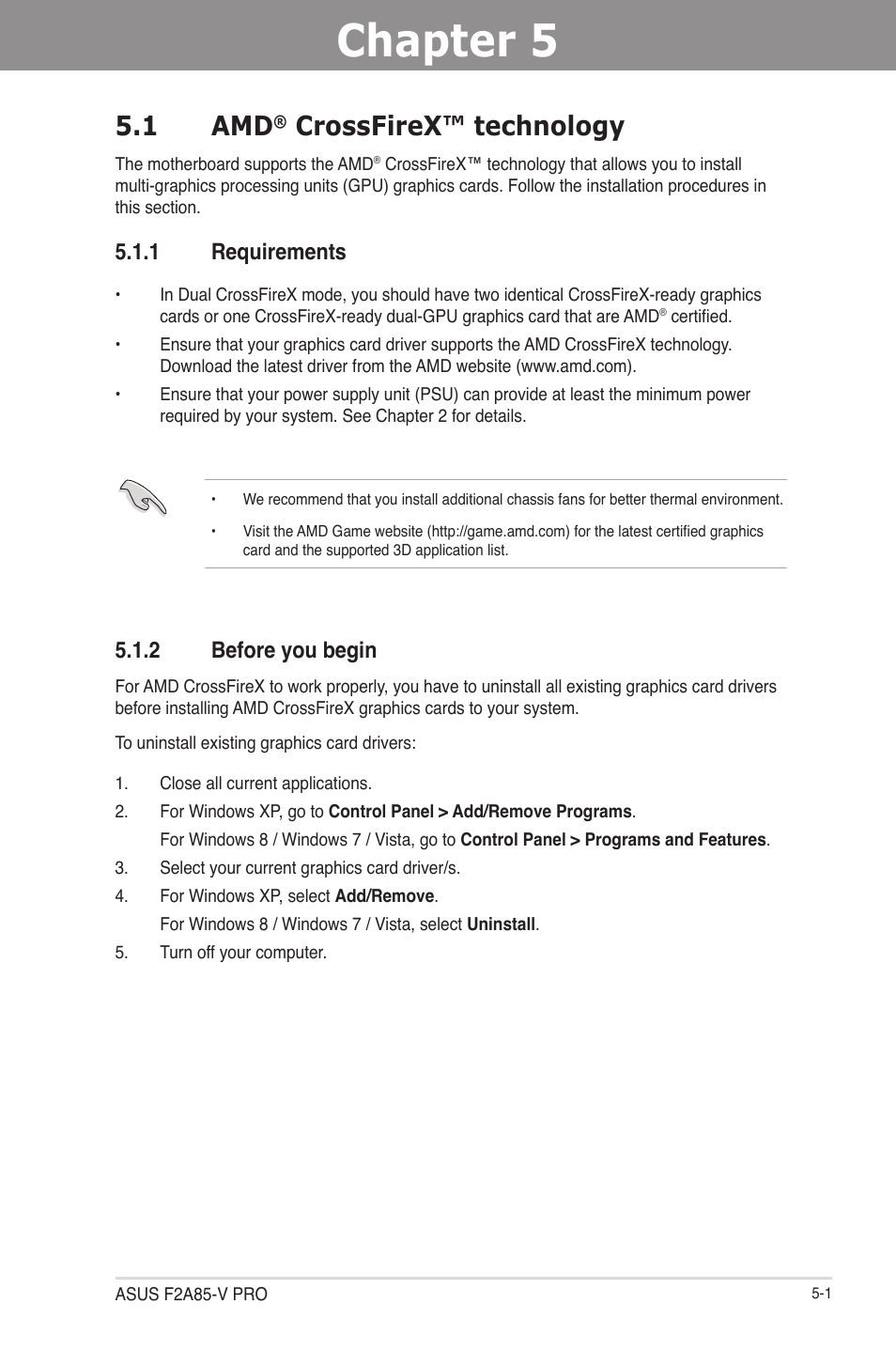 Chapter 5: multiple gpu technology support, 1 amd® crossfirex™ technology, 1 requirements | 2 before you begin, Chapter 5, Multiple gpu technology support, Crossfirex™ technology -1, Requirements -1, Before you begin -1, 1 amd | Asus F2A85-V PRO User Manual | Page 157 / 172