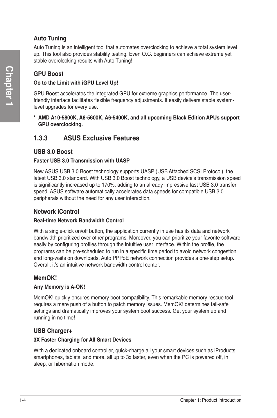 3 asus exclusive features, Asus exclusive features -4, Chapter 1 | Asus F2A85-V PRO User Manual | Page 16 / 172