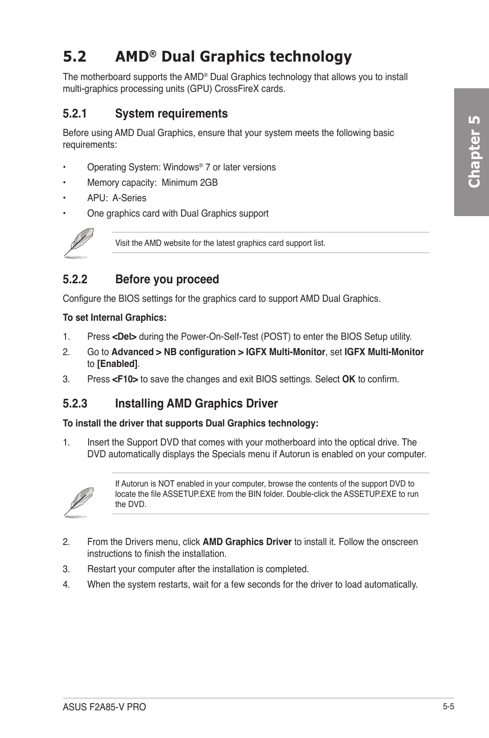 2 amd® dual graphics technology, 1 system requirements, 2 before you proceed | 3 installing amd graphics driver, Dual graphics technology -5, System requirements -5, Before you proceed -5, Installing amd graphics driver -5, Chapter 5 5.2 amd, Dual graphics technology | Asus F2A85-V PRO User Manual | Page 161 / 172