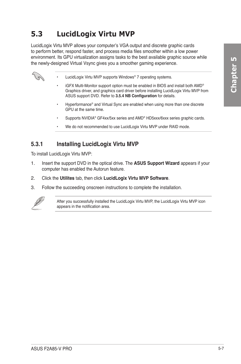 3 lucidlogix virtu mvp, 1 installing lucidlogix virtu mvp, Lucidlogix virtu mvp -7 5.3.1 | Installing lucidlogix virtu mvp -7, Chapter 5 5.3 lucidlogix virtu mvp | Asus F2A85-V PRO User Manual | Page 163 / 172