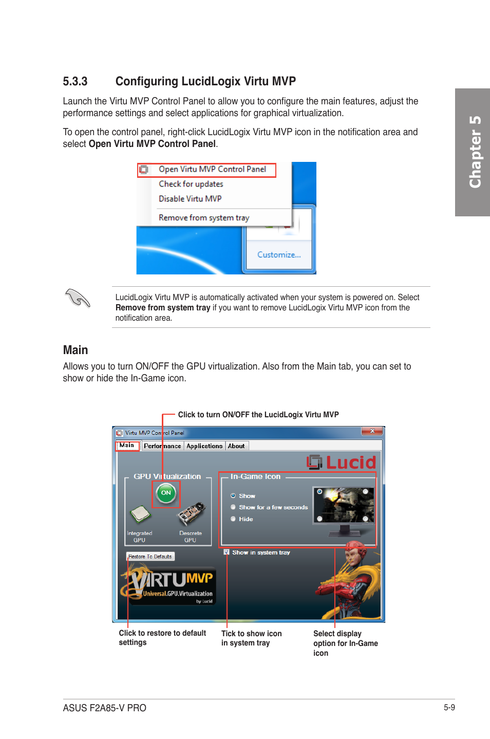 3 configuring lucidlogix virtu mvp, Configuring lucidlogix virtu mvp -9, Chapter 5 | Main | Asus F2A85-V PRO User Manual | Page 165 / 172