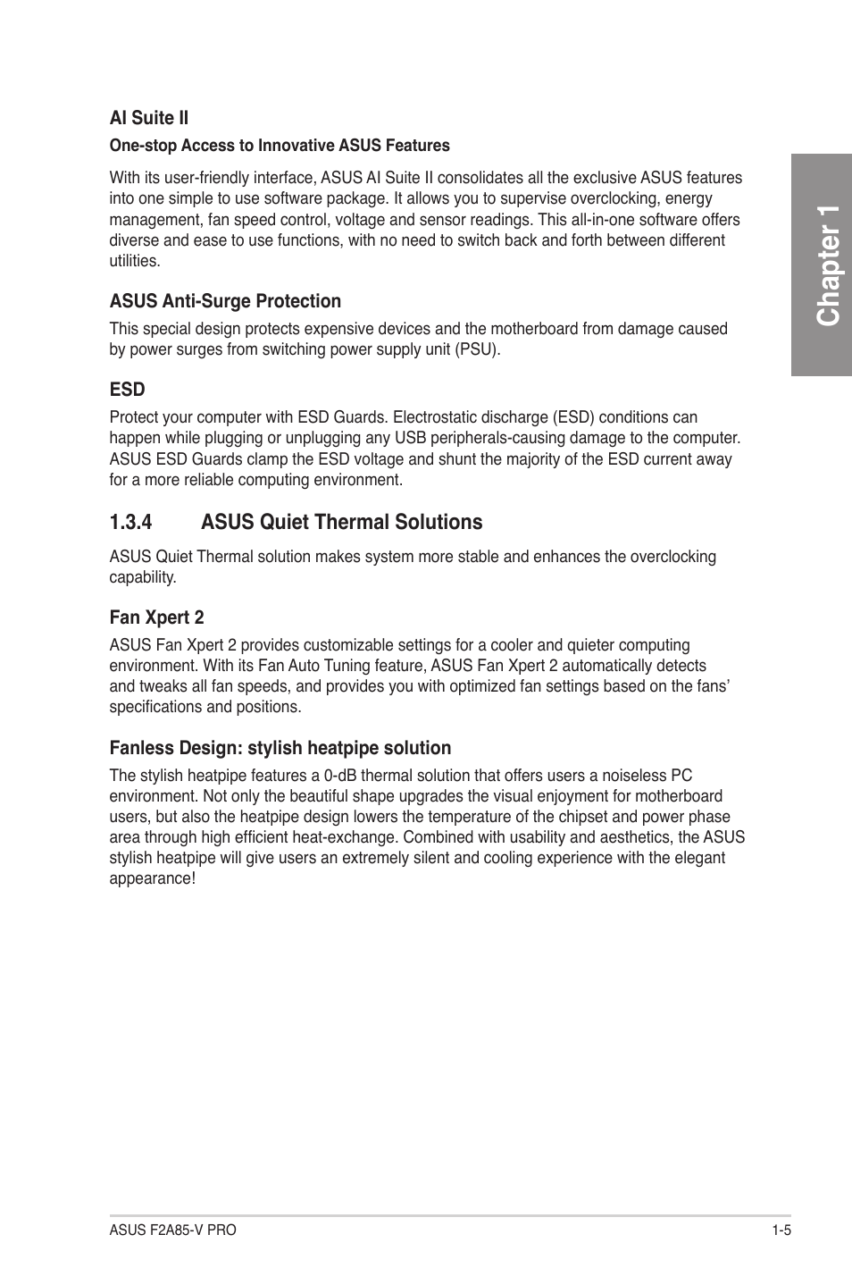 4 asus quiet thermal solutions, Asus quiet thermal solutions -5, Chapter 1 | Asus F2A85-V PRO User Manual | Page 17 / 172