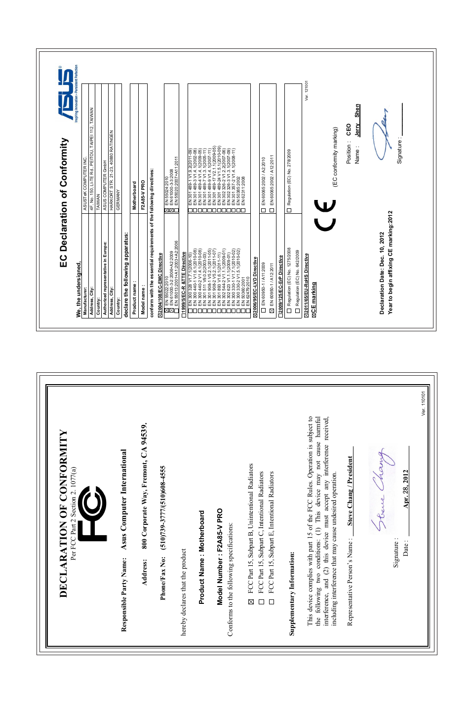 Declaration of conformity, Ec declaration of conformity, Asu s c om pu te r in te rn at io na l | Asus F2A85-V PRO User Manual | Page 172 / 172