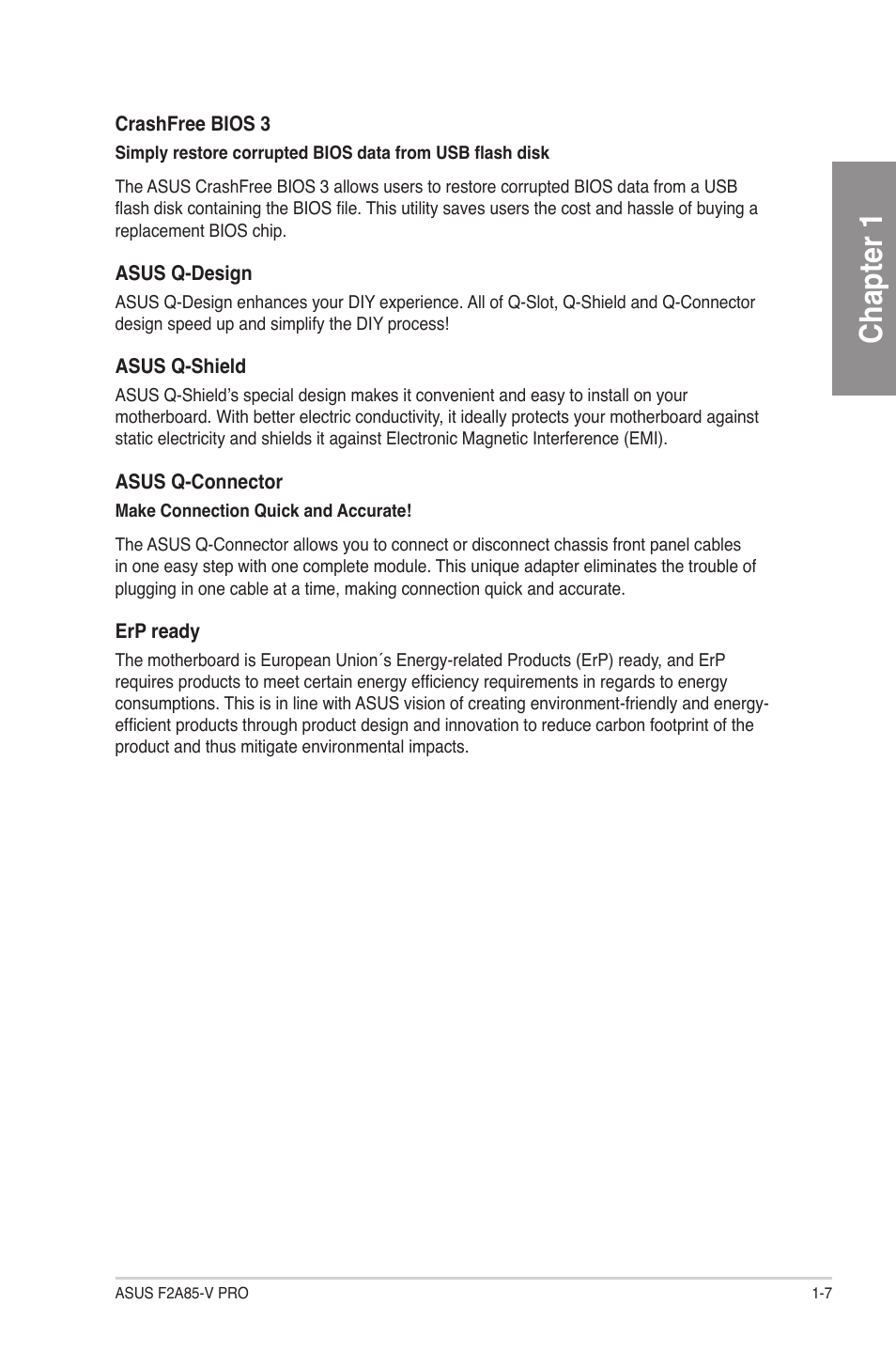 Chapter 1 | Asus F2A85-V PRO User Manual | Page 19 / 172