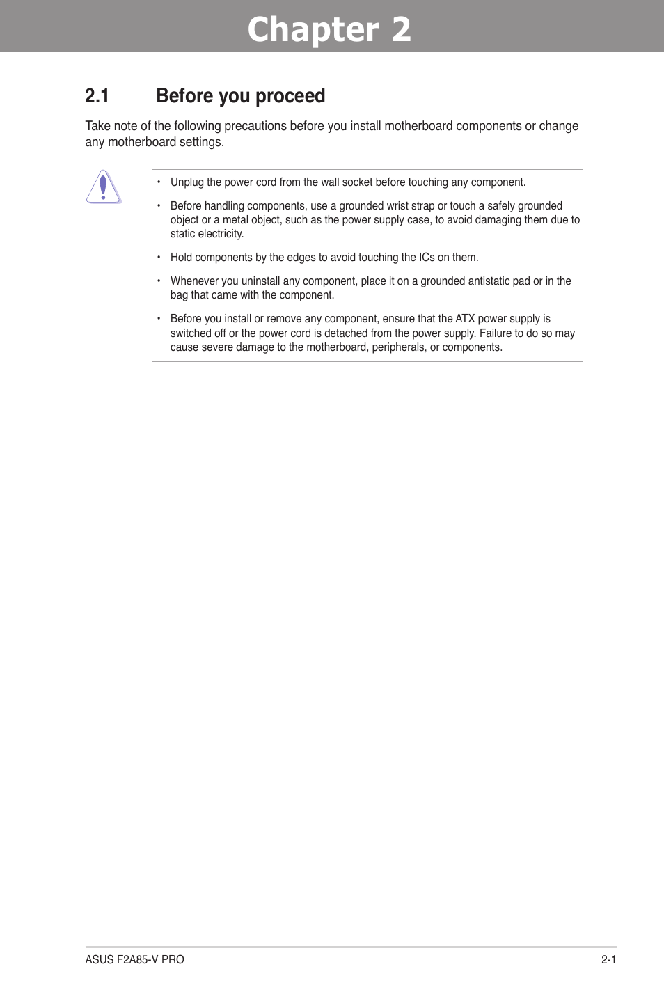 Chapter 2: hardware information, 1 before you proceed, Chapter 2 | Hardware information, Before you proceed -1 | Asus F2A85-V PRO User Manual | Page 21 / 172