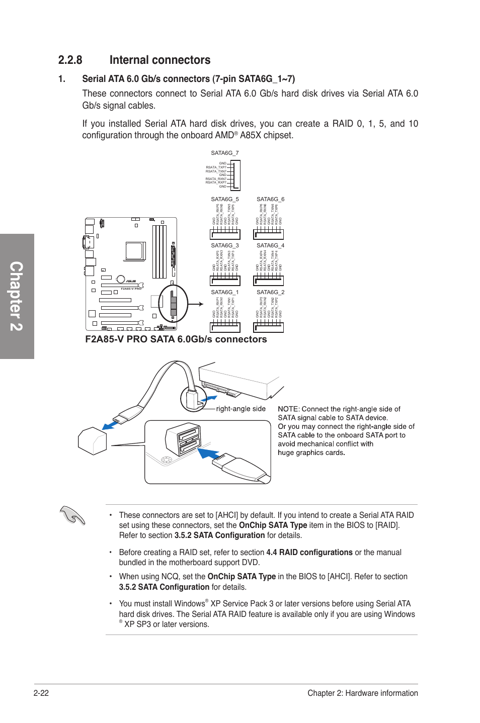 8 internal connectors, Internal connectors -22, Chapter 2 | A85x chipset, 22 chapter 2: hardware information, Xp sp3 or later versions | Asus F2A85-V PRO User Manual | Page 42 / 172