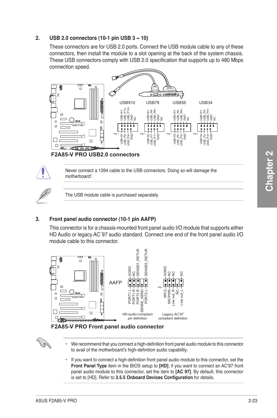 Chapter 2, F2a85-v pro front panel audio connector, Aafp | Asus F2A85-V PRO User Manual | Page 43 / 172