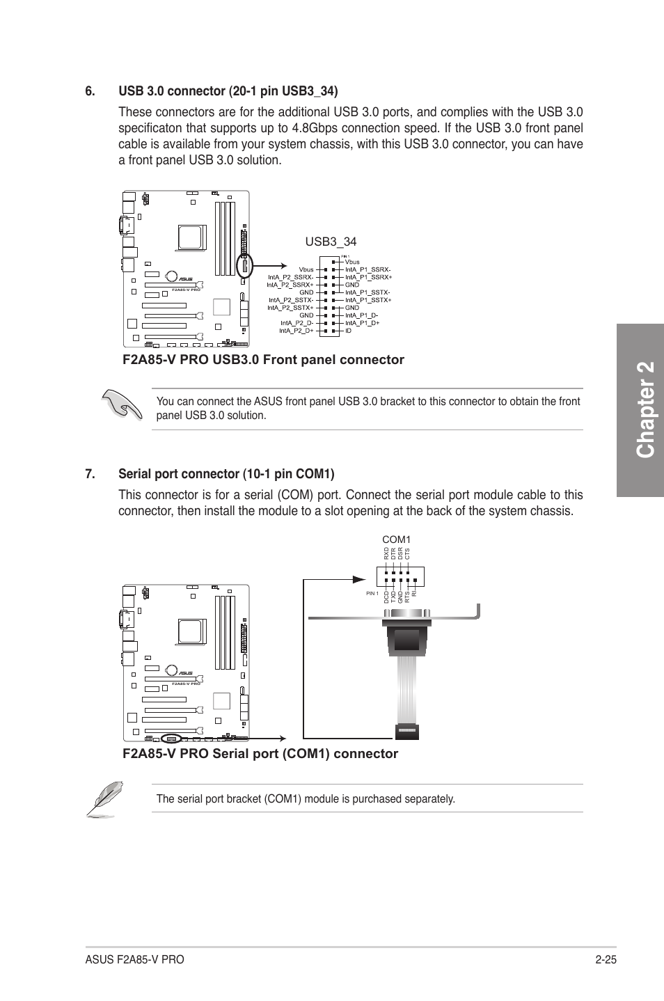 Chapter 2, F2a85-v pro serial port (com1) connector | Asus F2A85-V PRO User Manual | Page 45 / 172