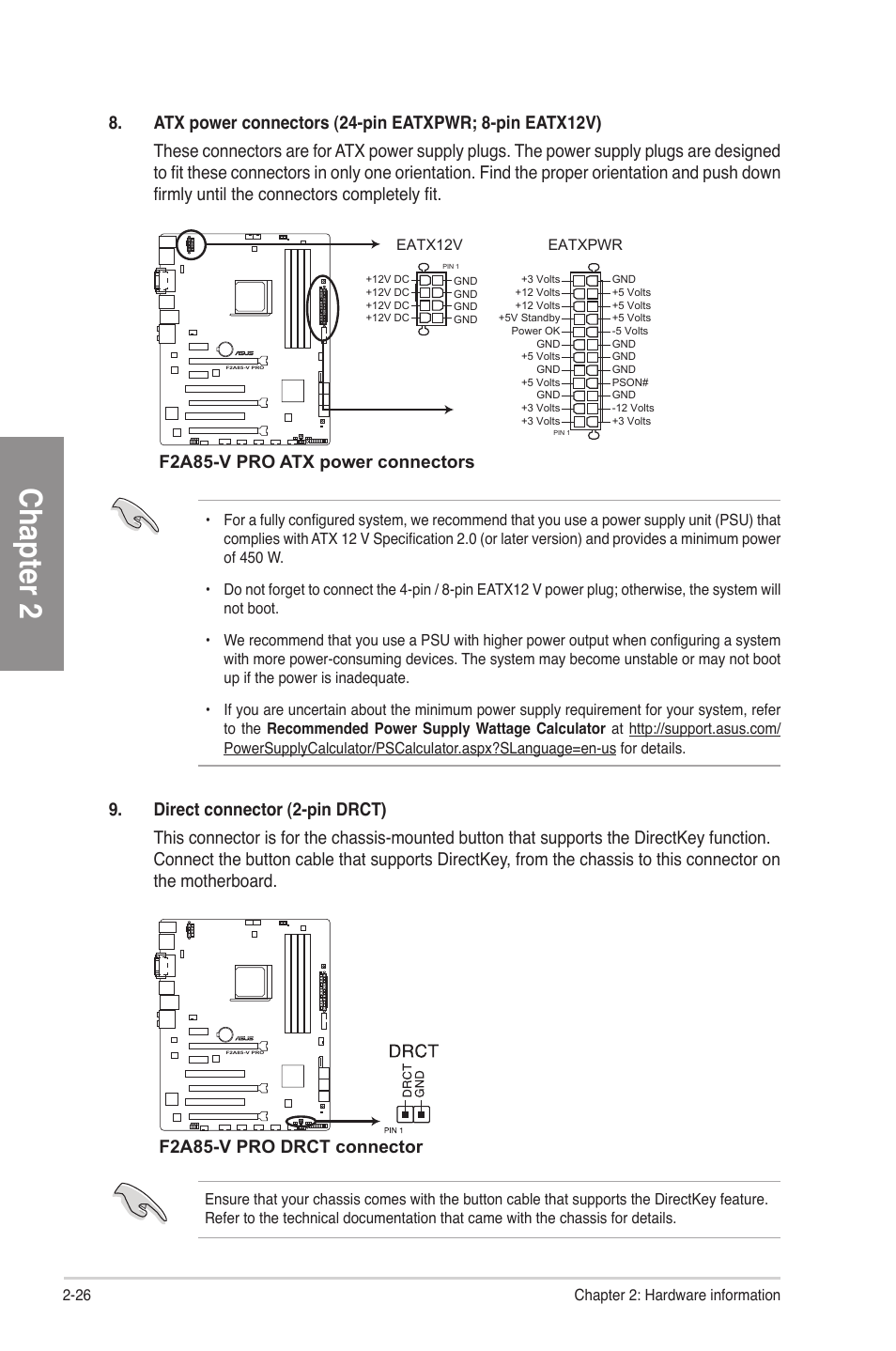 Chapter 2, F2a85-v pro atx power connectors, F2a85-v pro drct connector | Asus F2A85-V PRO User Manual | Page 46 / 172