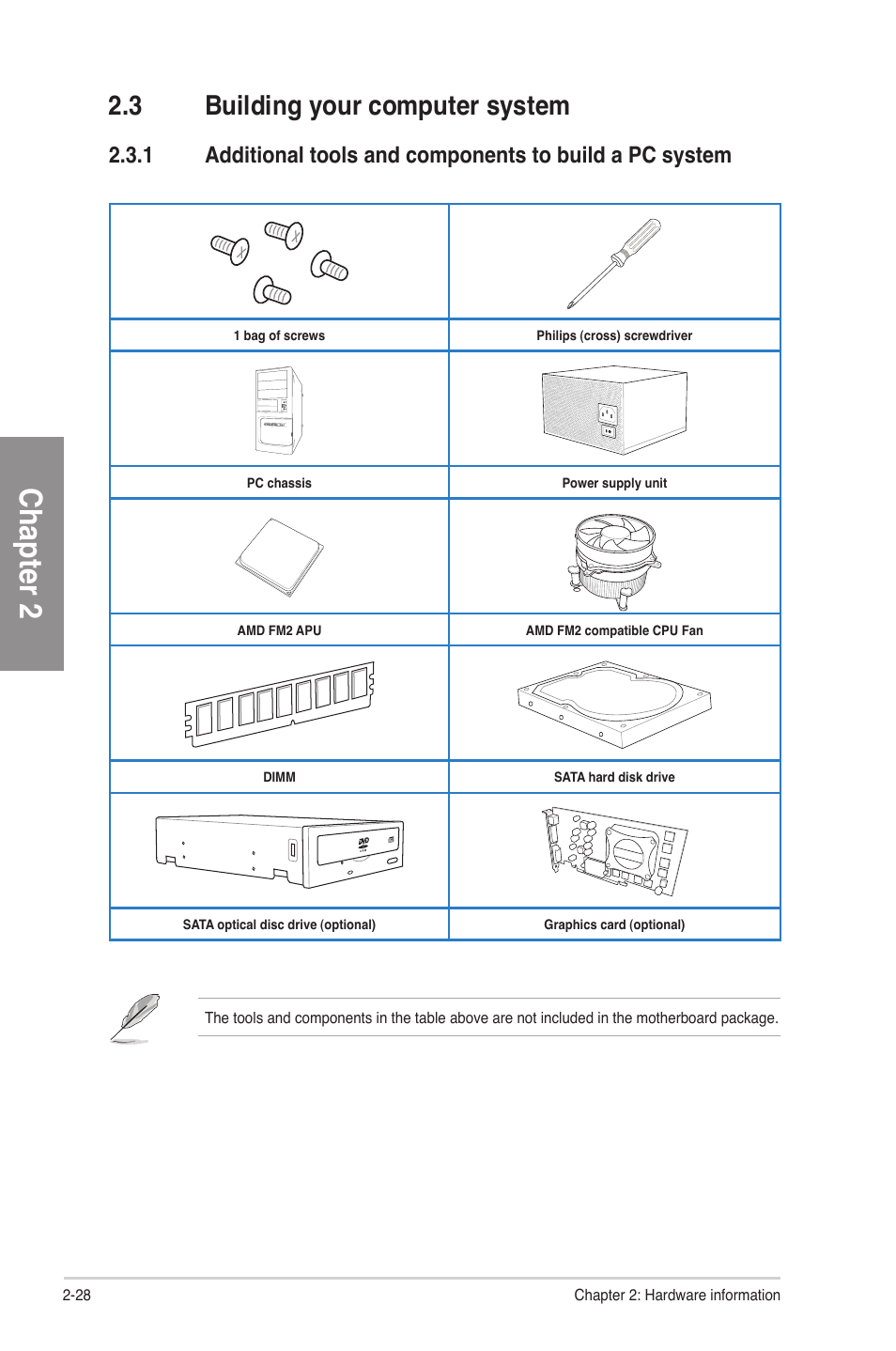 3 building your computer system, Building your computer system -28 2.3.1, Chapter 2 | Asus F2A85-V PRO User Manual | Page 48 / 172