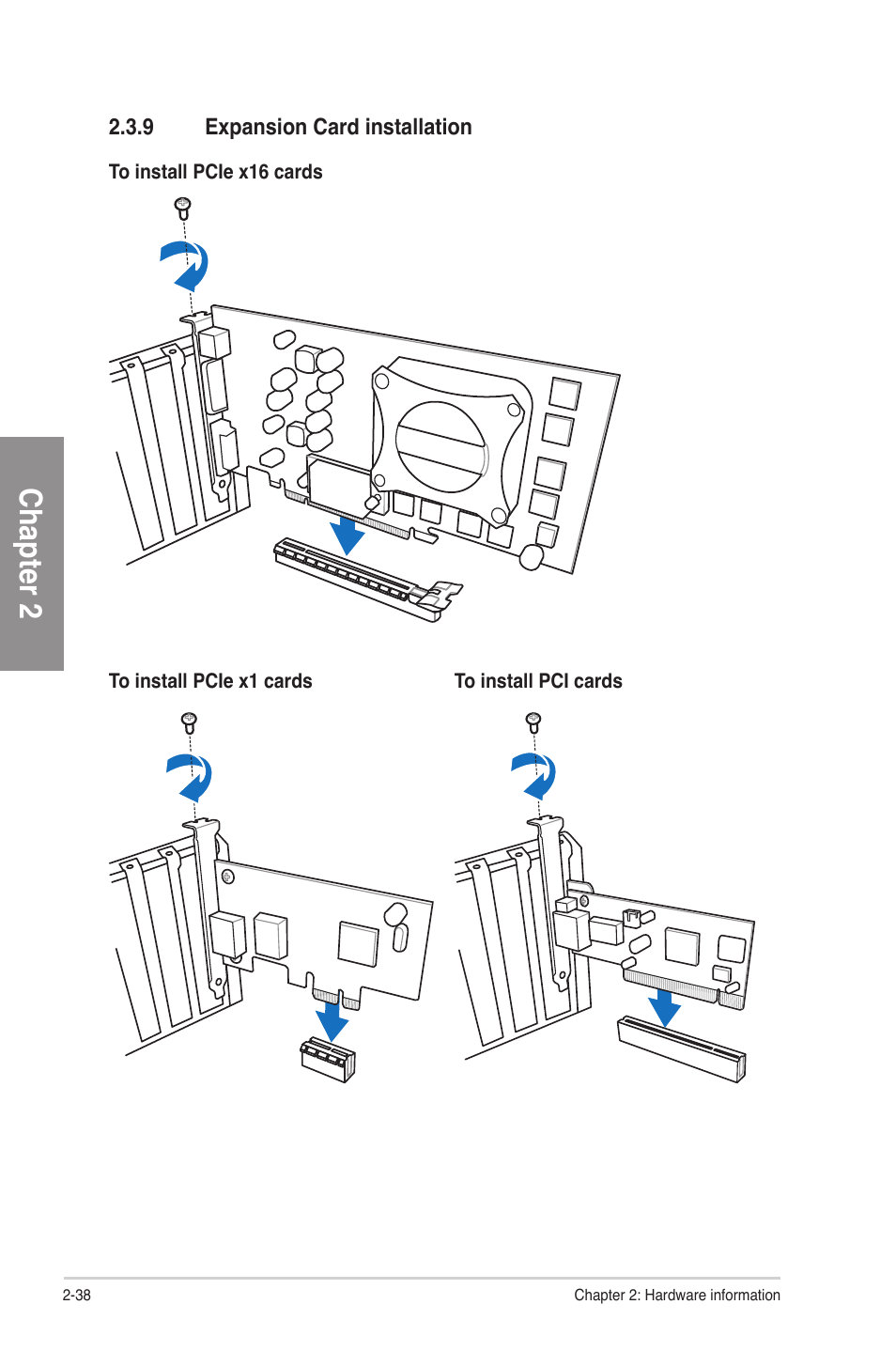 9 expansion card installation, Expansion card installation -38, Chapter 2 | Asus F2A85-V PRO User Manual | Page 58 / 172