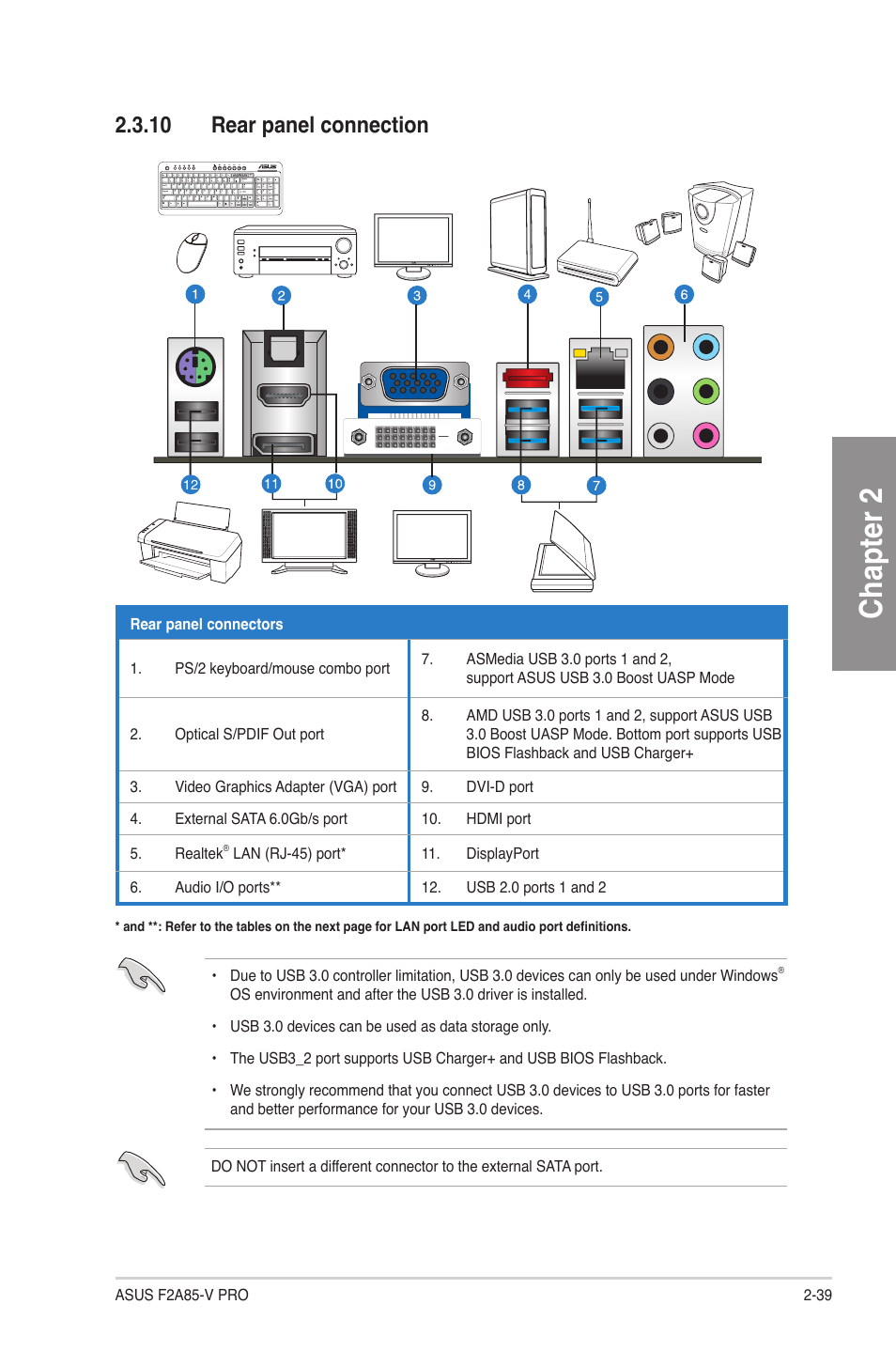 10 rear panel connection, 10 rear panel connection -39, Chapter 2 | Asus F2A85-V PRO User Manual | Page 59 / 172