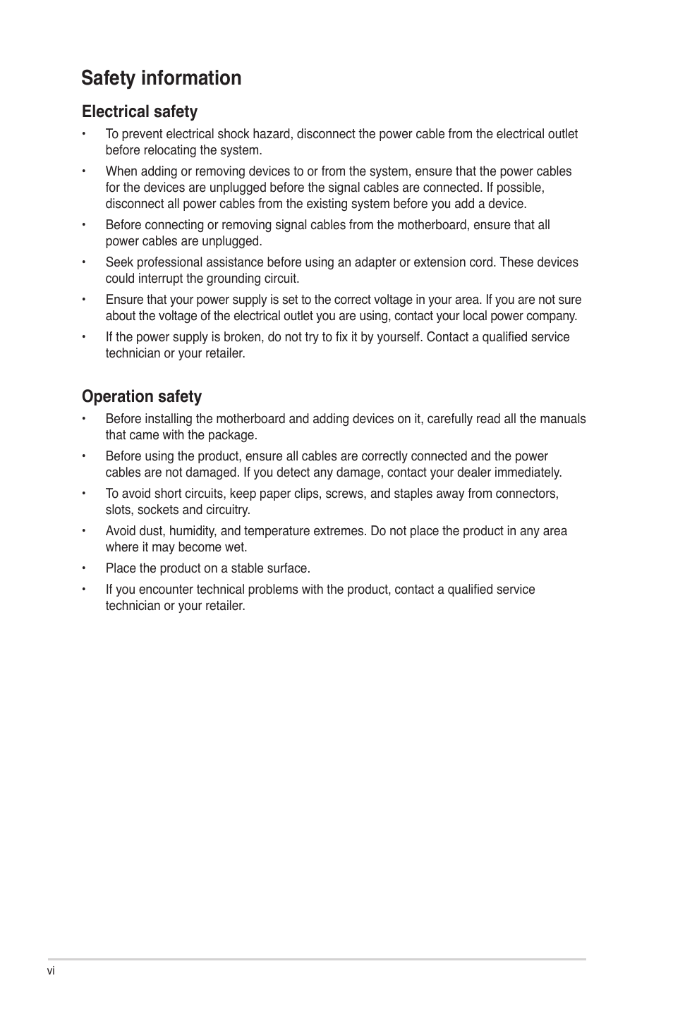 Safety information, Electrical safety, Operation safety | Asus F2A85-V PRO User Manual | Page 6 / 172