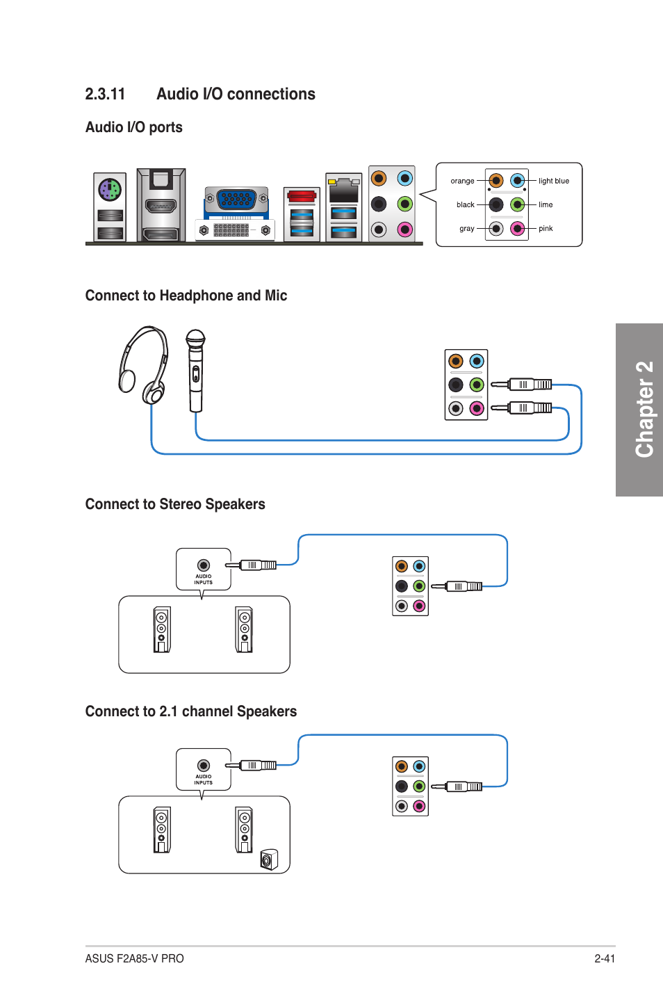 11 audio i/o connections, 11 audio i/o connections -41, Chapter 2 | Asus F2A85-V PRO User Manual | Page 61 / 172