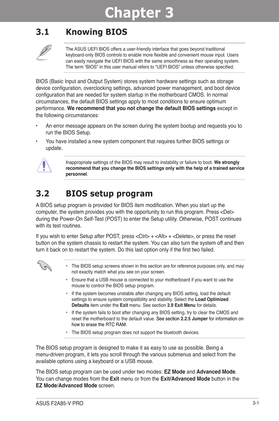 Chapter 3: bios setup, 1 knowing bios, 2 bios setup program | Chapter 3, Bios setup, Knowing bios -1, Bios setup program -1 | Asus F2A85-V PRO User Manual | Page 65 / 172