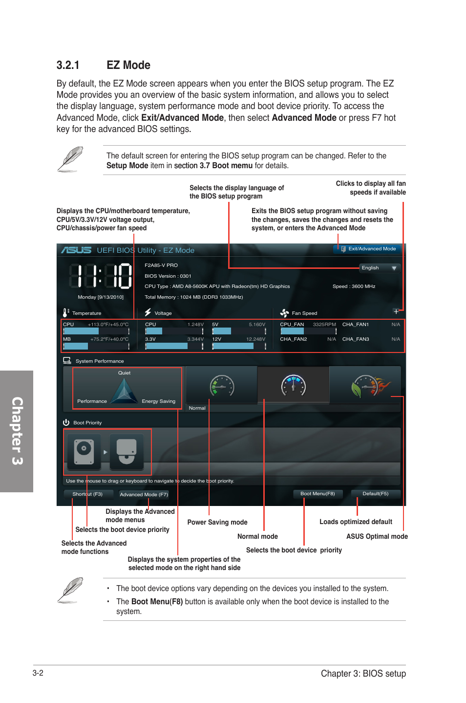 1 ez mode, Ez mode -2, Chapter 3 | Chapter 3: bios setup | Asus F2A85-V PRO User Manual | Page 66 / 172