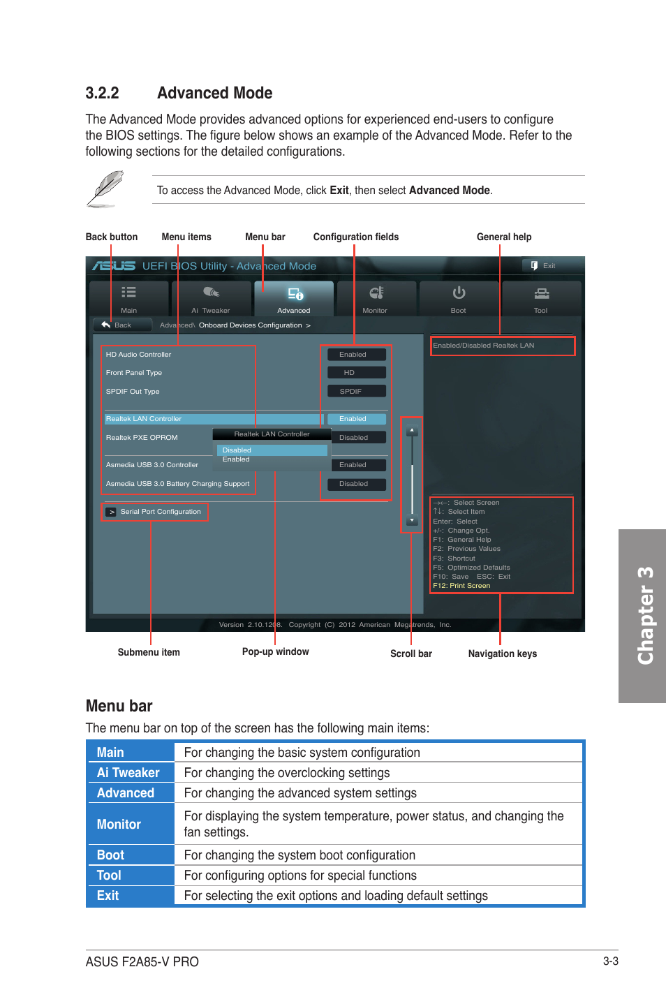 2 advanced mode, Advanced mode -3, Chapter 3 | Menu bar, Asus f2a85-v pro | Asus F2A85-V PRO User Manual | Page 67 / 172