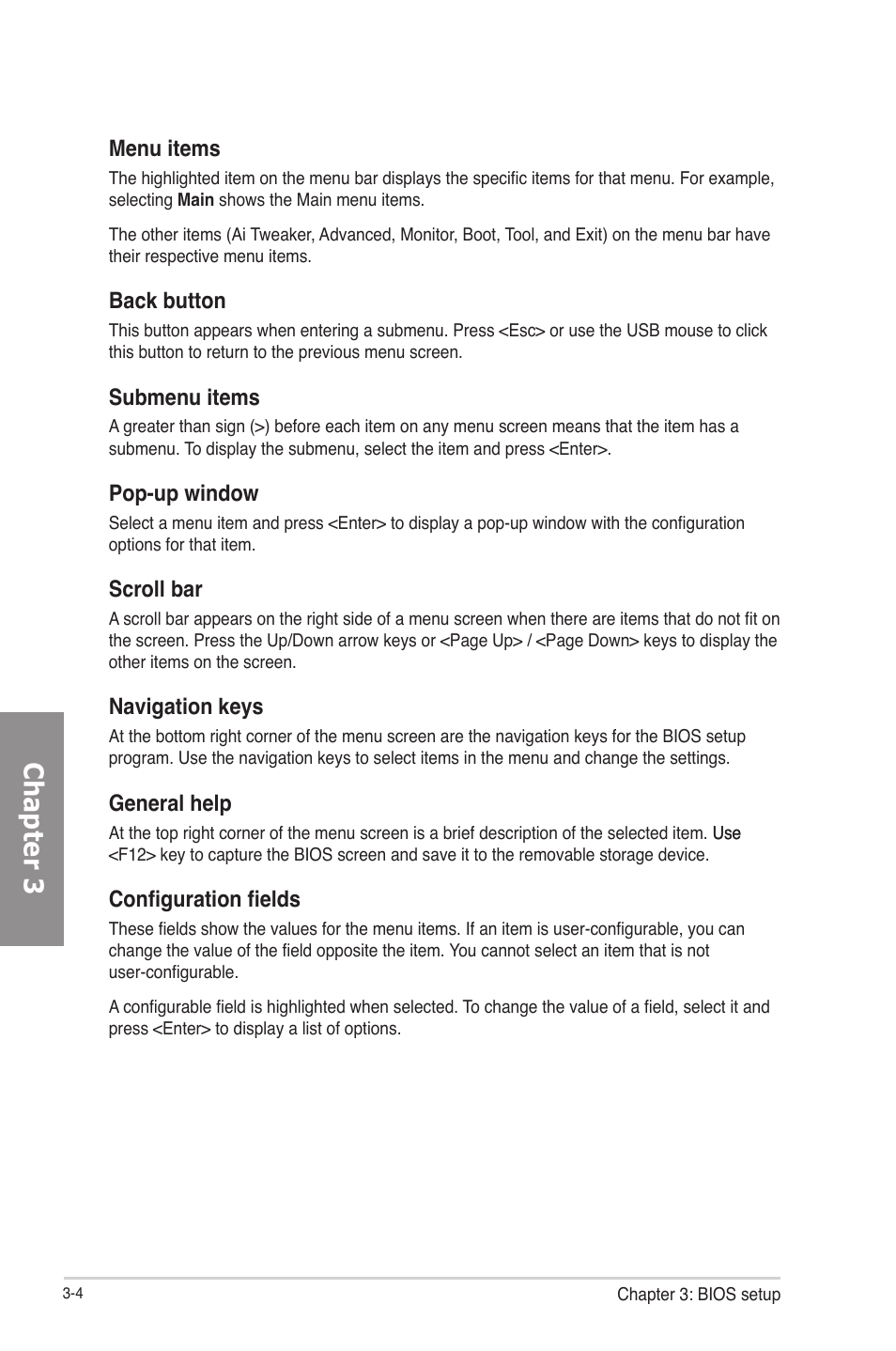 Chapter 3, Menu items, Back button | Submenu items, Pop-up window, Scroll bar, Navigation keys, General help, Configuration fields | Asus F2A85-V PRO User Manual | Page 68 / 172