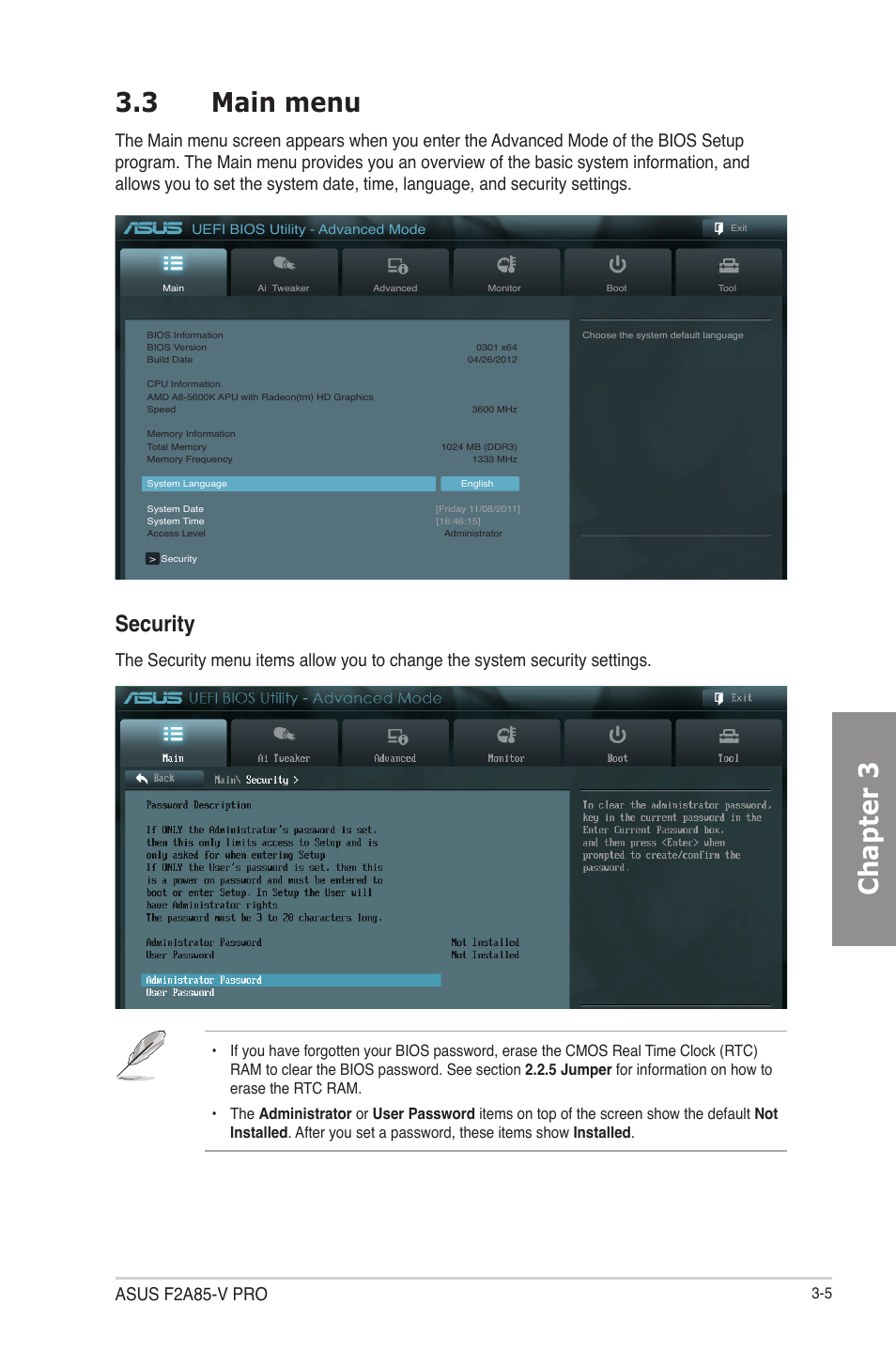 3 main menu, Main menu -5, Chapter 3 3.3 main menu | Security, Asus f2a85-v pro | Asus F2A85-V PRO User Manual | Page 69 / 172