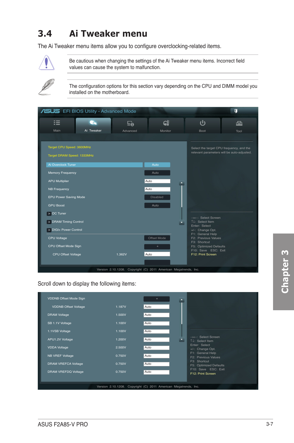 4 ai tweaker menu, Ai tweaker menu -7, Chapter 3 3.4 ai tweaker menu | Asus f2a85-v pro, Scroll down to display the following items, Efi bios utility - advanced mode | Asus F2A85-V PRO User Manual | Page 71 / 172