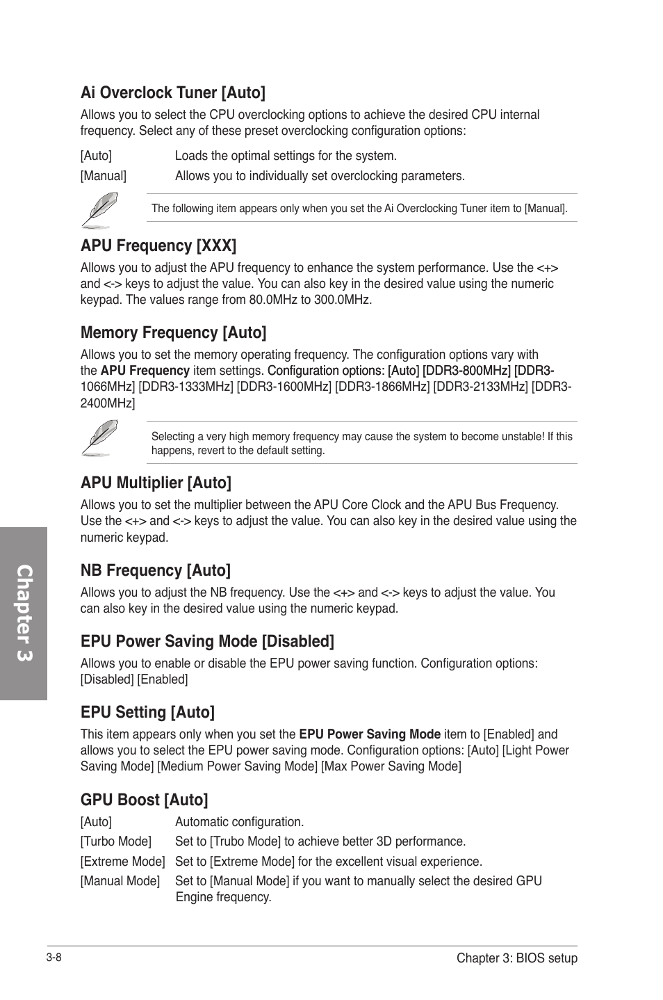 Chapter 3, Ai overclock tuner [auto, Apu frequency [xxx | Apu multiplier [auto, Nb frequency [auto, Epu power saving mode [disabled, Epu setting [auto, Gpu boost [auto | Asus F2A85-V PRO User Manual | Page 72 / 172