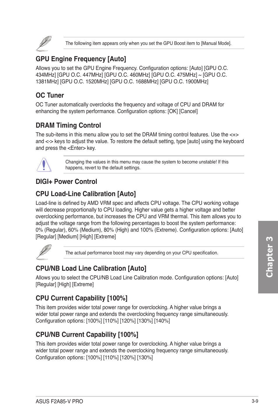 Chapter 3, Gpu engine frequency [auto, Oc tuner | Dram timing control, Cpu/nb load line calibration [auto, Cpu current capability [100, Cpu/nb current capability [100 | Asus F2A85-V PRO User Manual | Page 73 / 172