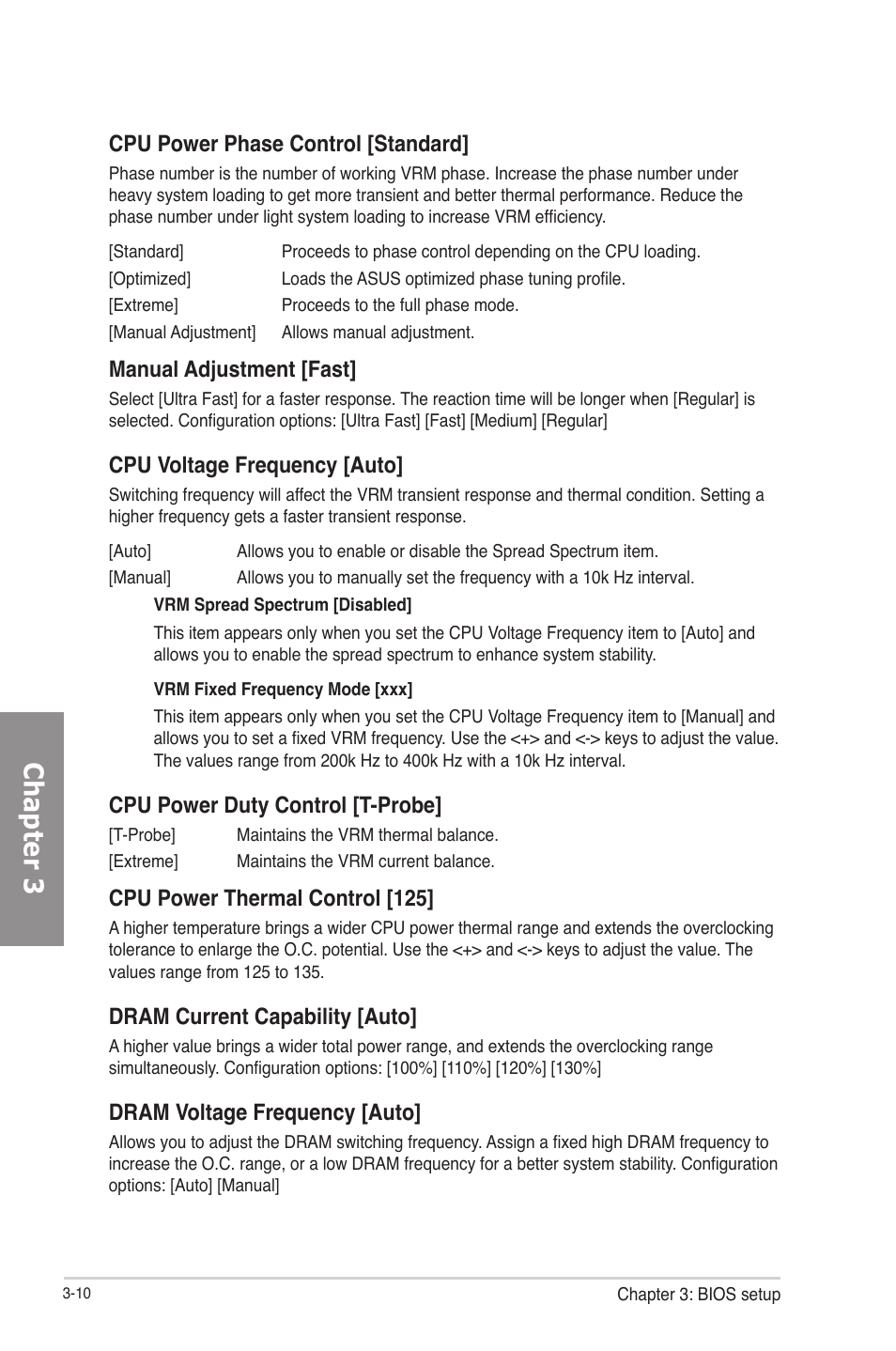 Chapter 3, Cpu power phase control [standard, Manual adjustment [fast | Cpu voltage frequency [auto, Cpu power duty control [t-probe, Cpu power thermal control [125, Dram current capability [auto, Dram voltage frequency [auto | Asus F2A85-V PRO User Manual | Page 74 / 172