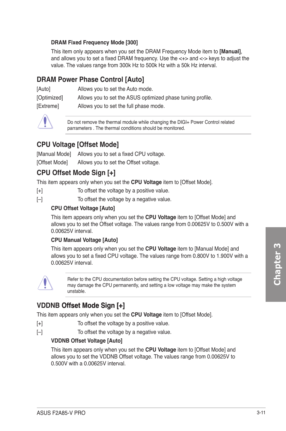 Chapter 3, Dram power phase control [auto, Cpu voltage [offset mode | Cpu offset mode sign, Vddnb offset mode sign [+] offset mode sign | Asus F2A85-V PRO User Manual | Page 75 / 172