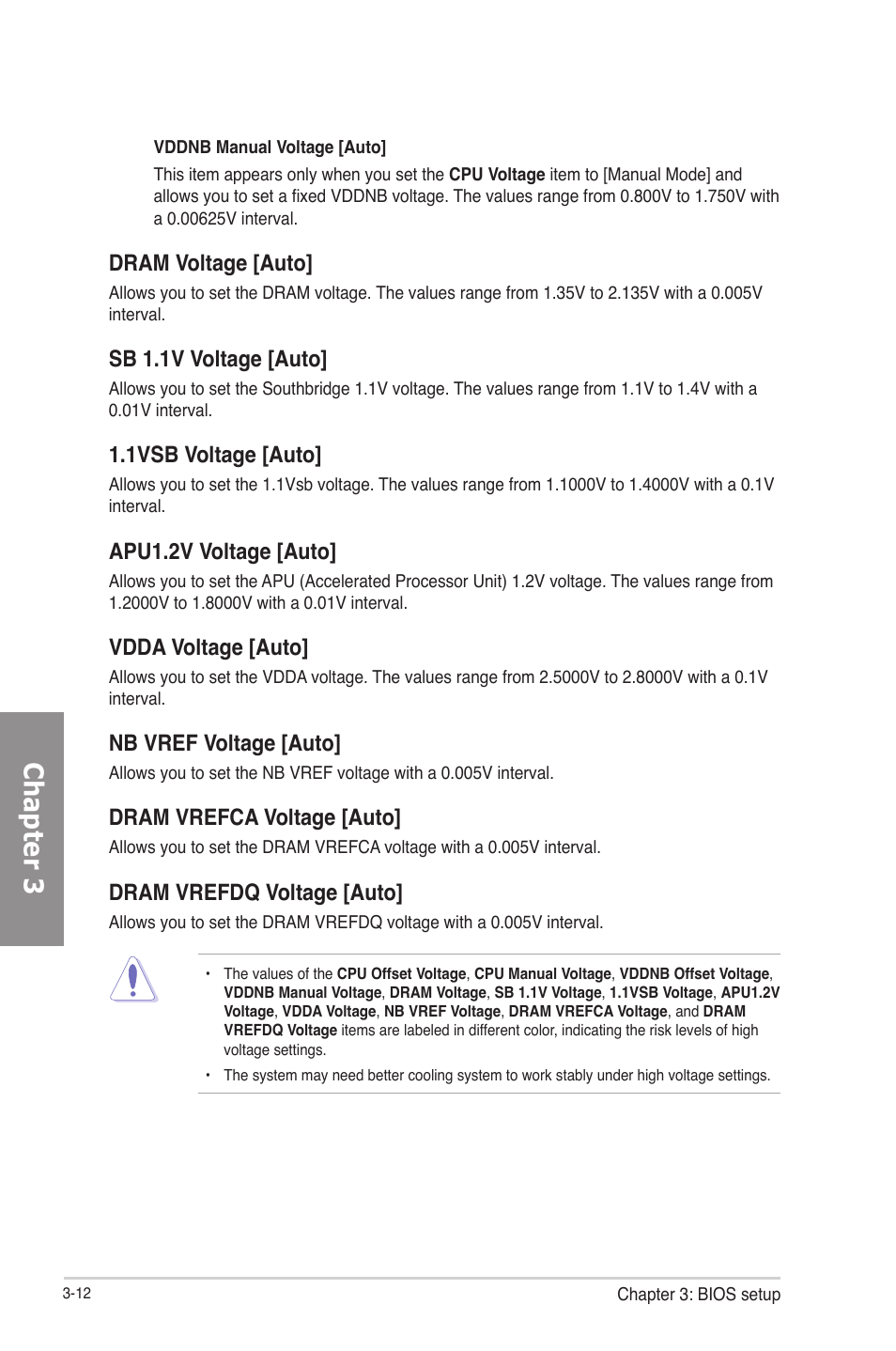 Chapter 3, Dram voltage [auto, Sb 1.1v voltage [auto | 1vsb voltage [auto, Apu1.2v voltage [auto, Vdda voltage [auto, Nb vref voltage [auto, Dram vrefca voltage [auto, Dram vrefdq voltage [auto | Asus F2A85-V PRO User Manual | Page 76 / 172