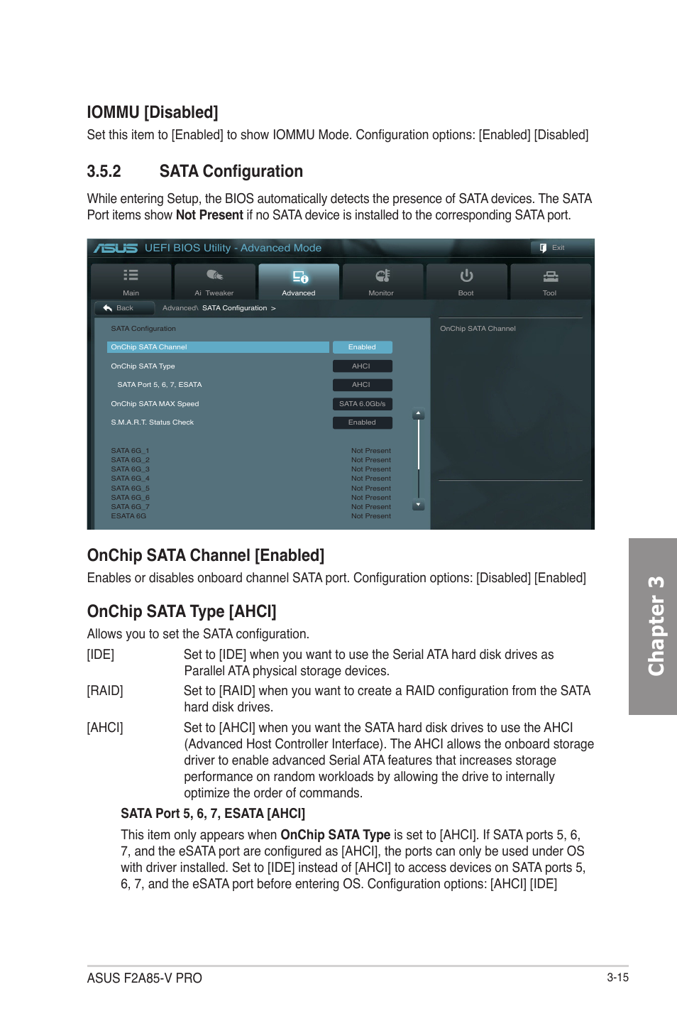 2 sata configuration, Sata configuration -15, Chapter 3 | Iommu [disabled, Onchip sata channel [enabled, Onchip sata type [ahci, Asus f2a85-v pro | Asus F2A85-V PRO User Manual | Page 79 / 172