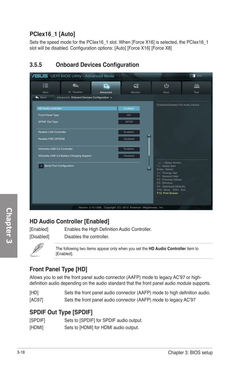 5 onboard devices configuration, Onboard devices configuration -18, Chapter 3 | Hd audio controller [enabled, Front panel type [hd, Spdif out type [spdif, Pciex16_1 [auto, Chapter 3: bios setup | Asus F2A85-V PRO User Manual | Page 82 / 172