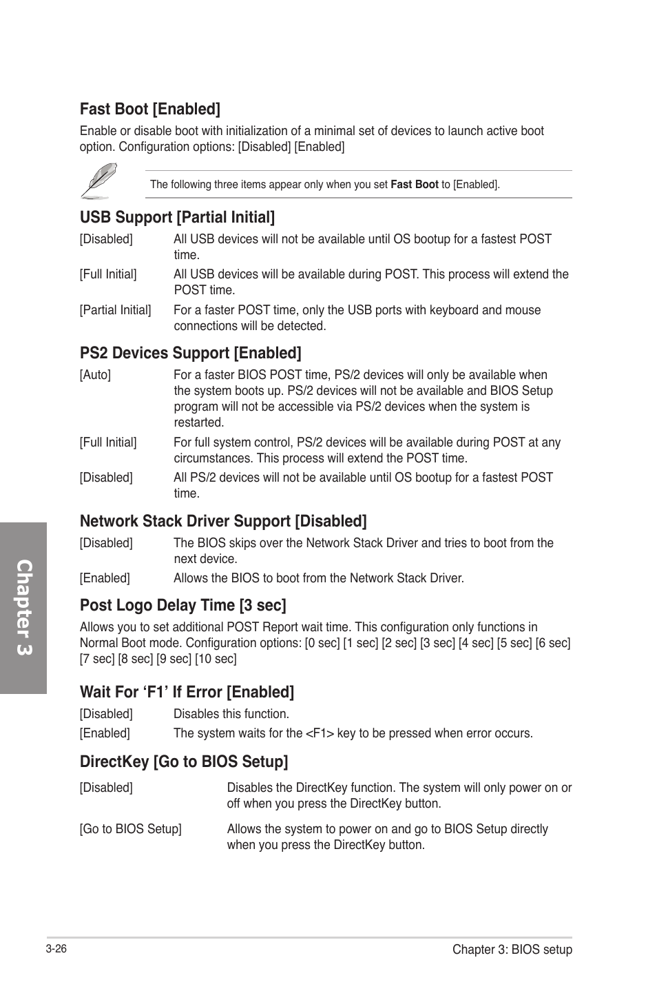 Chapter 3, Fast boot [enabled, Usb support [partial initial | Ps2 devices support [enabled, Network stack driver support [disabled, Post logo delay time [3 sec, Wait for ‘f1’ if error [enabled, Directkey [go to bios setup | Asus F2A85-V PRO User Manual | Page 90 / 172