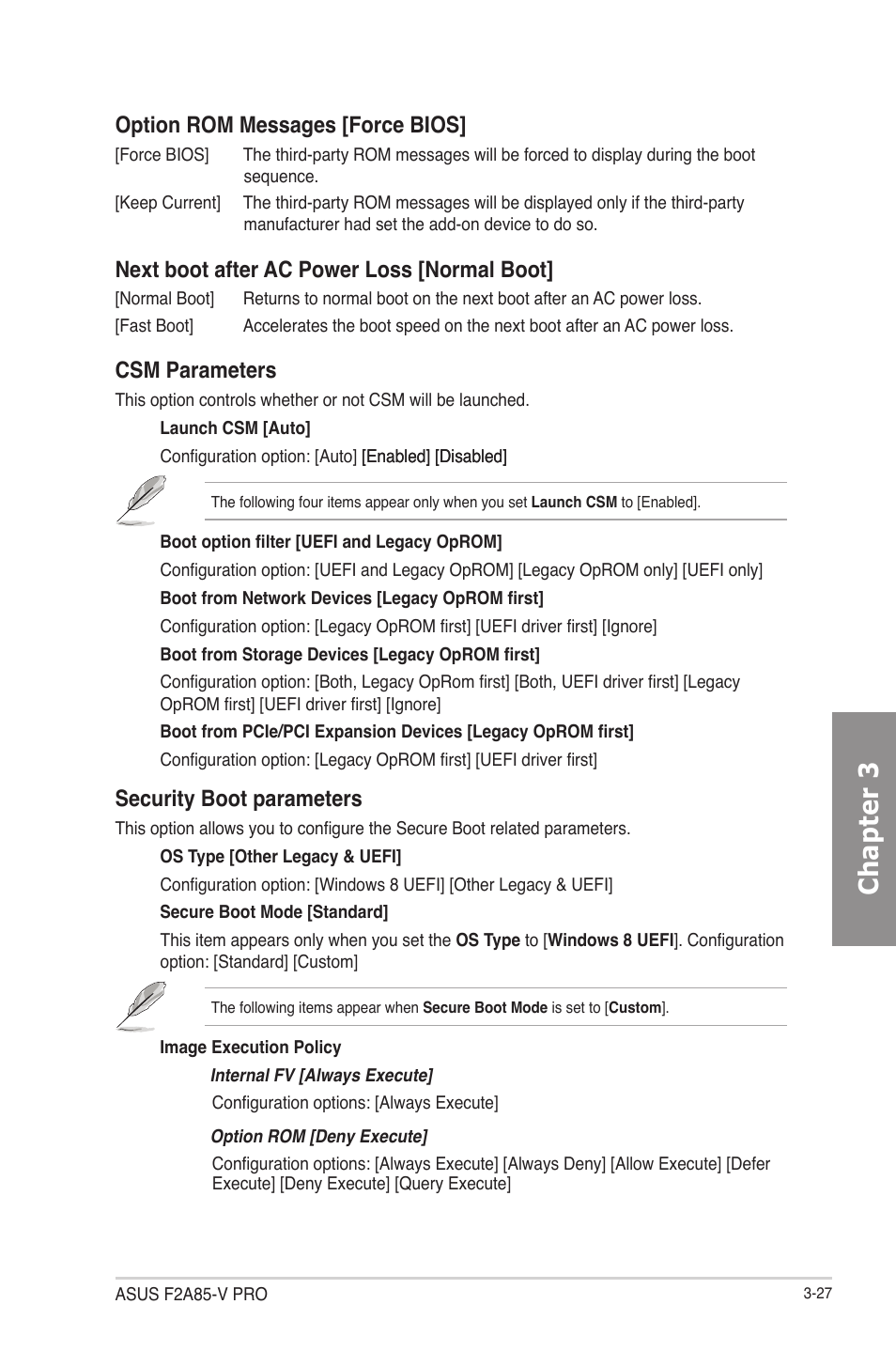 Chapter 3, Option rom messages [force bios, Next boot after ac power loss [normal boot | Csm parameters, Security boot parameters | Asus F2A85-V PRO User Manual | Page 91 / 172