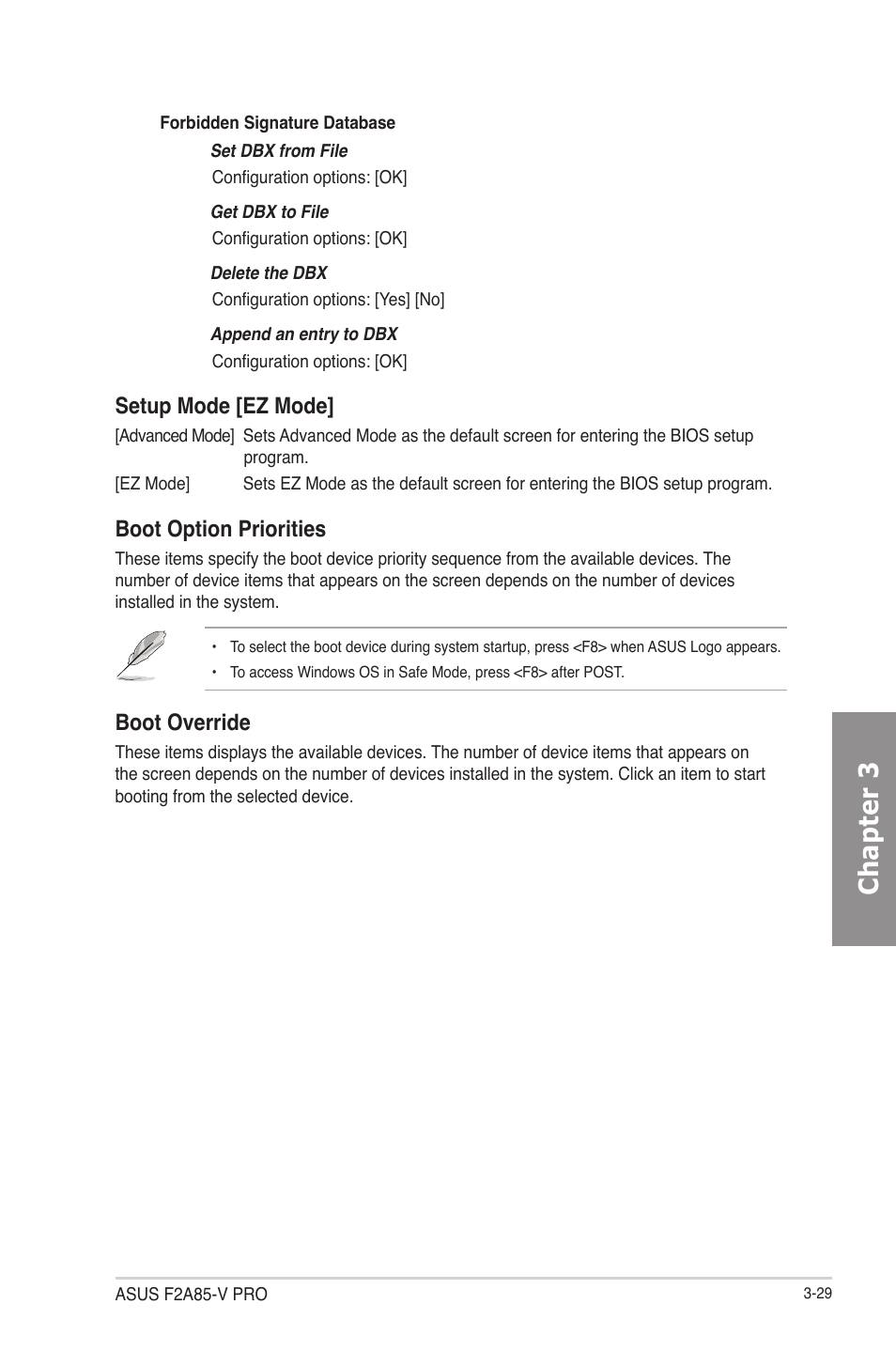 Chapter 3, Setup mode [ez mode, Boot option priorities | Boot override | Asus F2A85-V PRO User Manual | Page 93 / 172