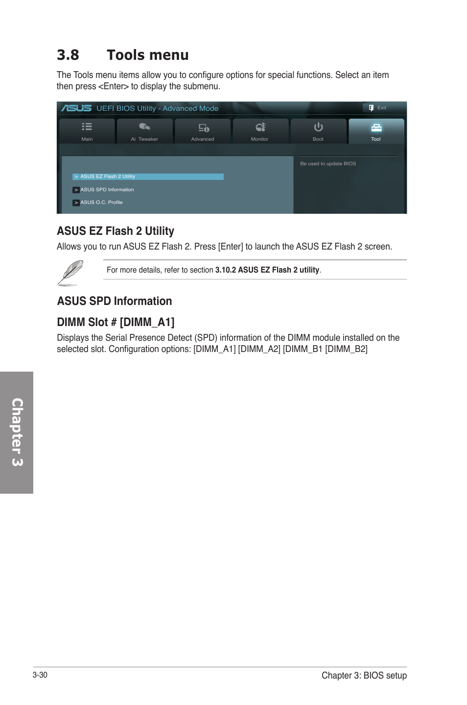 8 tools menu, Tools menu -30, Chapter 3 3.8 tools menu | Asus ez flash 2 utility, Asus spd information dimm slot # [dimm_a1 | Asus F2A85-V PRO User Manual | Page 94 / 172