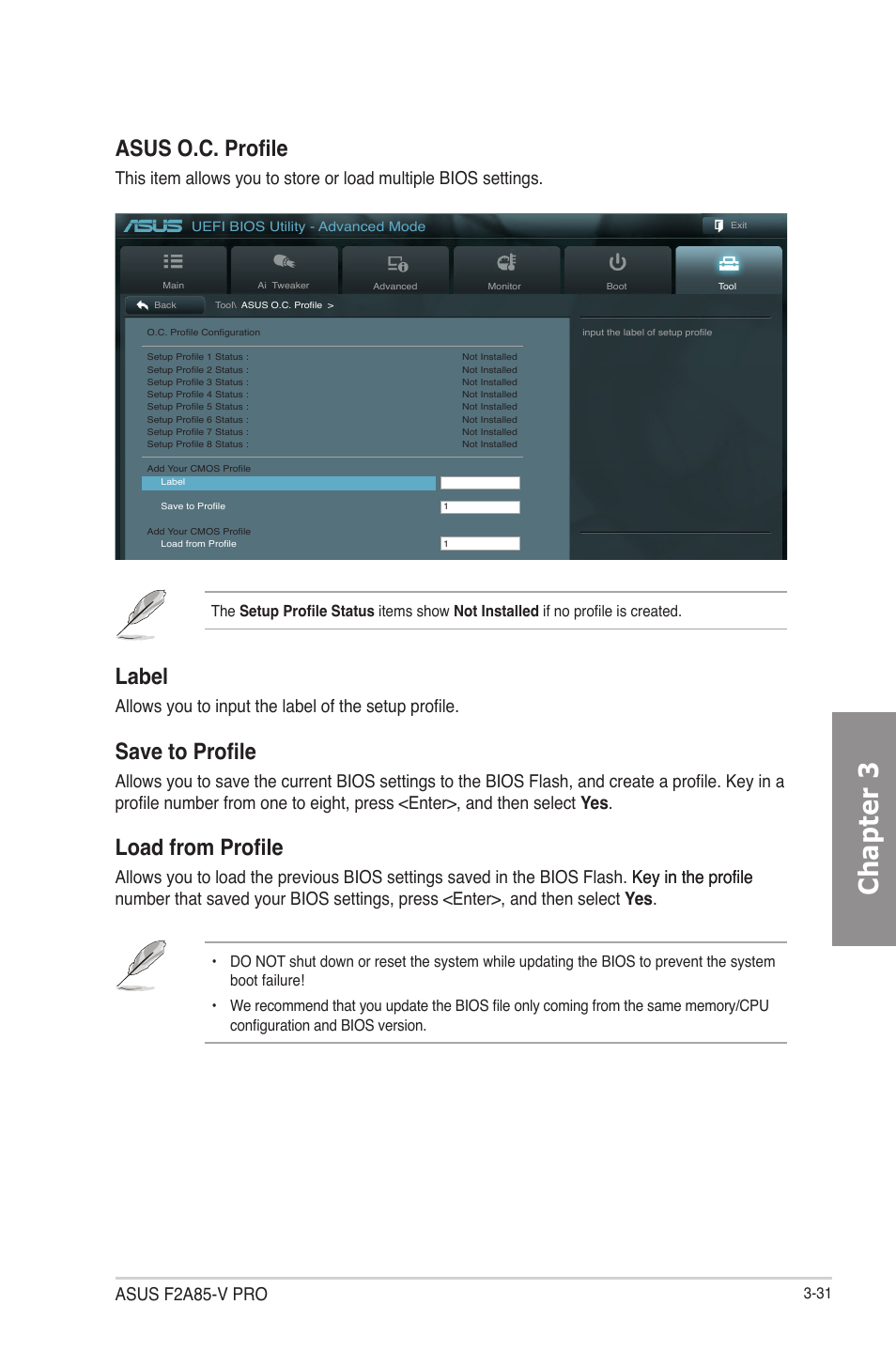 Chapter 3, Asus o.c. profile, Label | Save to profile, Load from profile, Asus f2a85-v pro, Allows you to input the label of the setup profile | Asus F2A85-V PRO User Manual | Page 95 / 172
