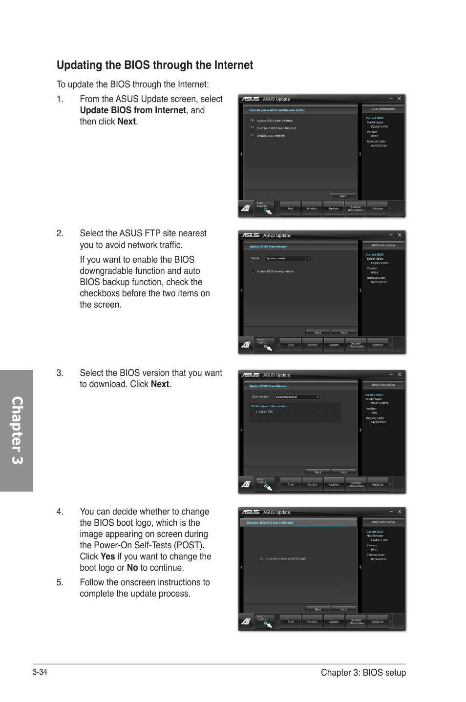 Chapter 3, Updating the bios through the internet | Asus F2A85-V PRO User Manual | Page 98 / 172